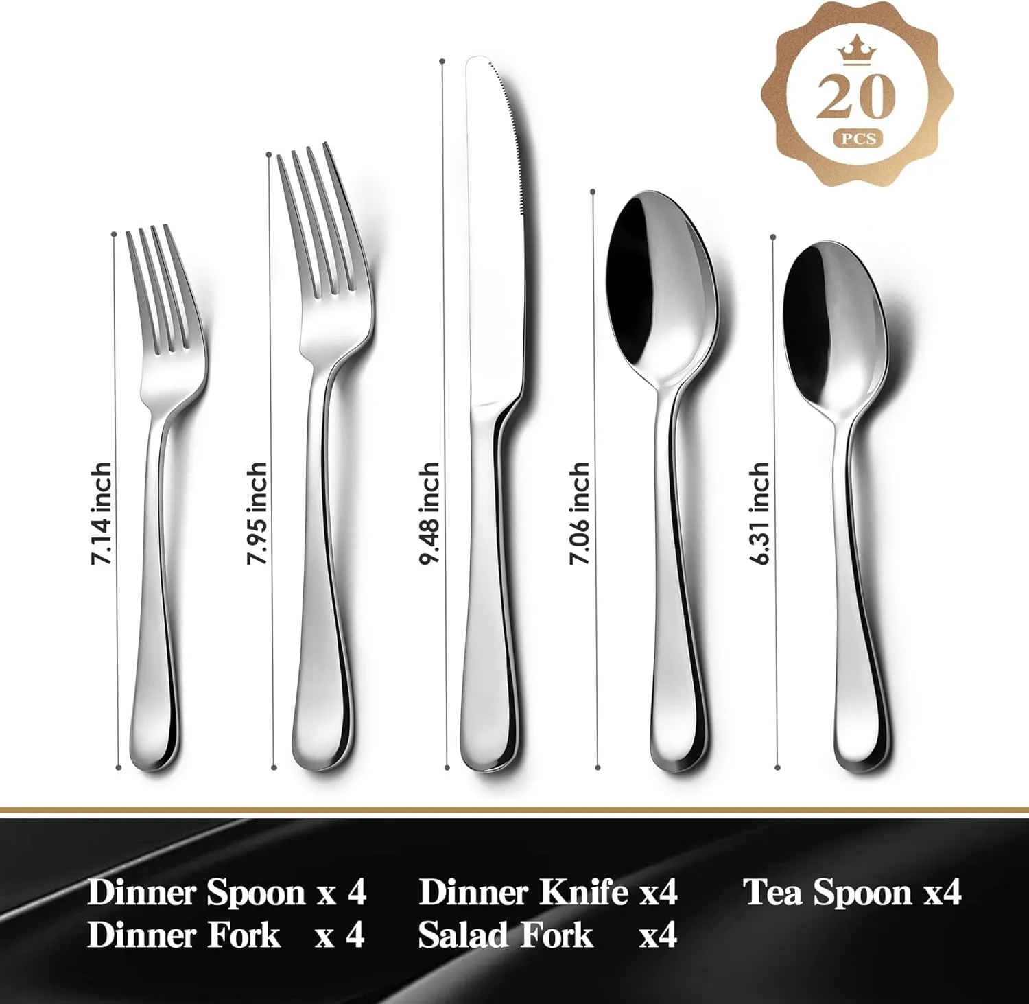 KINGSTONE 20 Pieces Silverware Set for 4, Premium Stainless Steel Flatware Set, Heavy Duty and Modern Design Cutlery Set, Mirror Polished, Dishwasher Safe