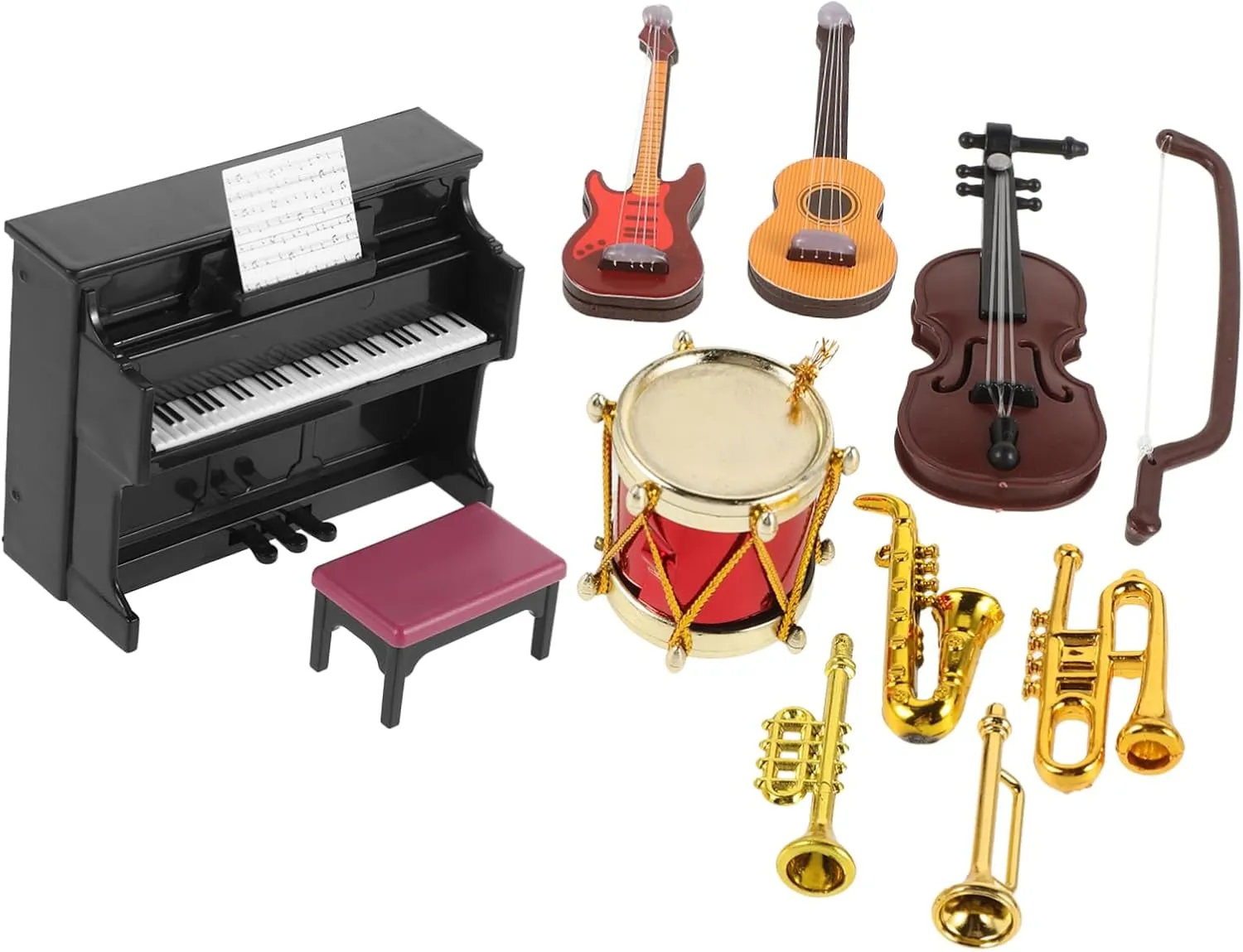 Kisangel 4sets Miniature Dollhouse Instrument Adorable Decor for Mini House Scenes Includes Piano Violin Drum More for Creating Musical Atmosphere Your Miniature Layouts