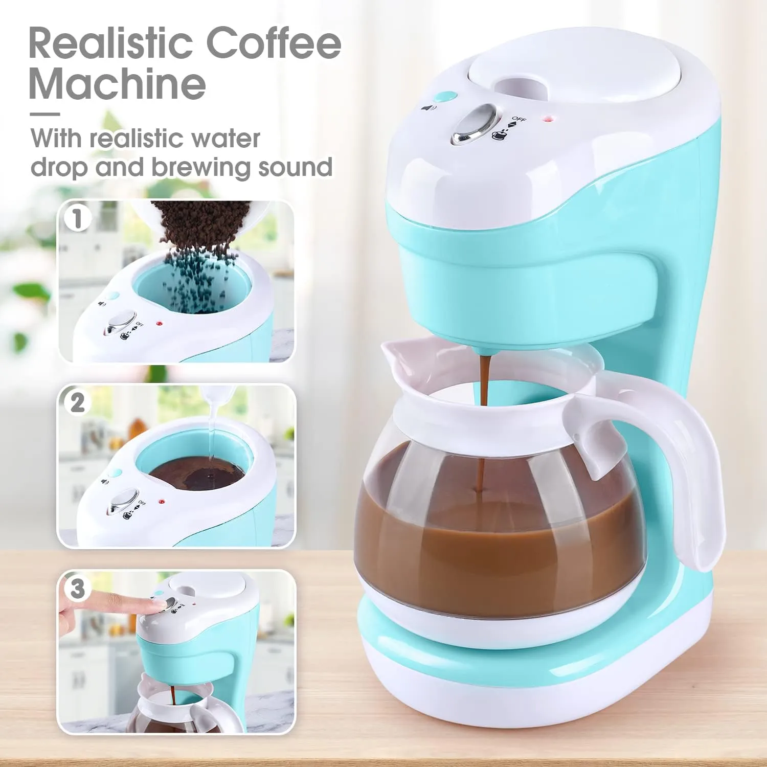 Kitchen Appliances Toys, Kids Play Kitchen Accessories Set, Pretend Kitchen Toys for Kids Ages 4-8, Coffee Maker, Mixer, Toaster with Realistic Lights & Sounds, Gift for Girls Ages 3 