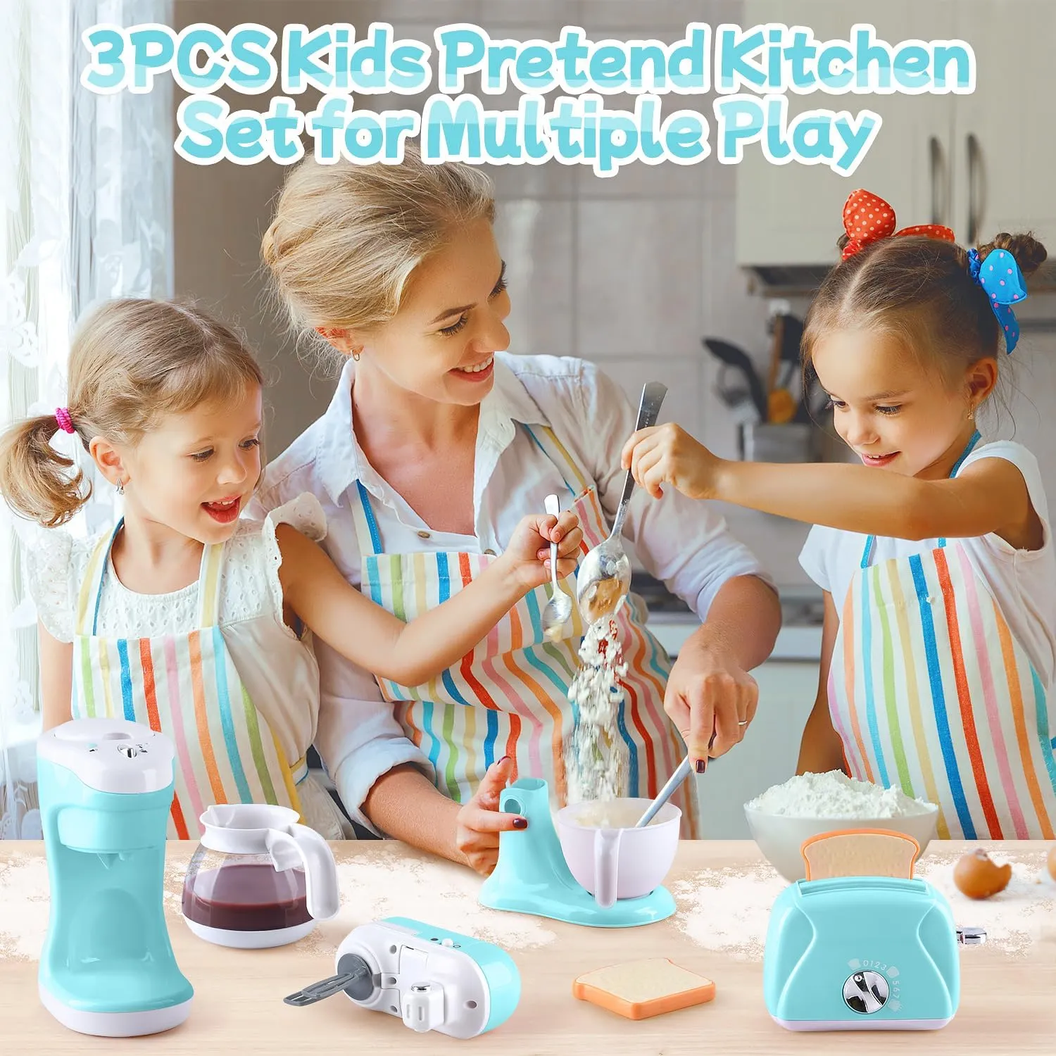 Kitchen Appliances Toys, Kids Play Kitchen Accessories Set, Pretend Kitchen Toys for Kids Ages 4-8, Coffee Maker, Mixer, Toaster with Realistic Lights & Sounds, Gift for Girls Ages 3 