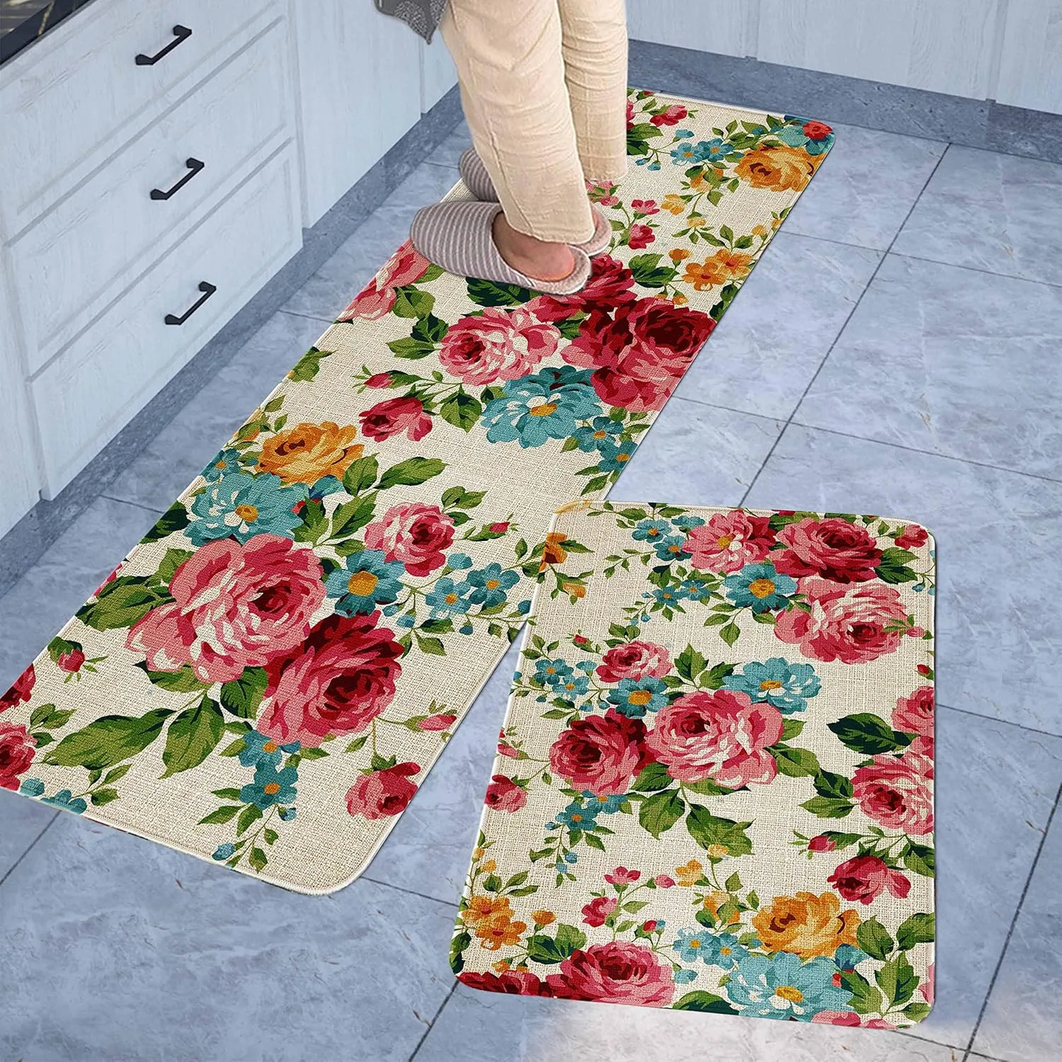 Kitchen Mats for Floor Set of 2 Pieces Kitchen Rugs and Mats Non Skid Washable Kitchen Floor Mat (Pink Red Roses Floral), 17''x47'' 17''x30''