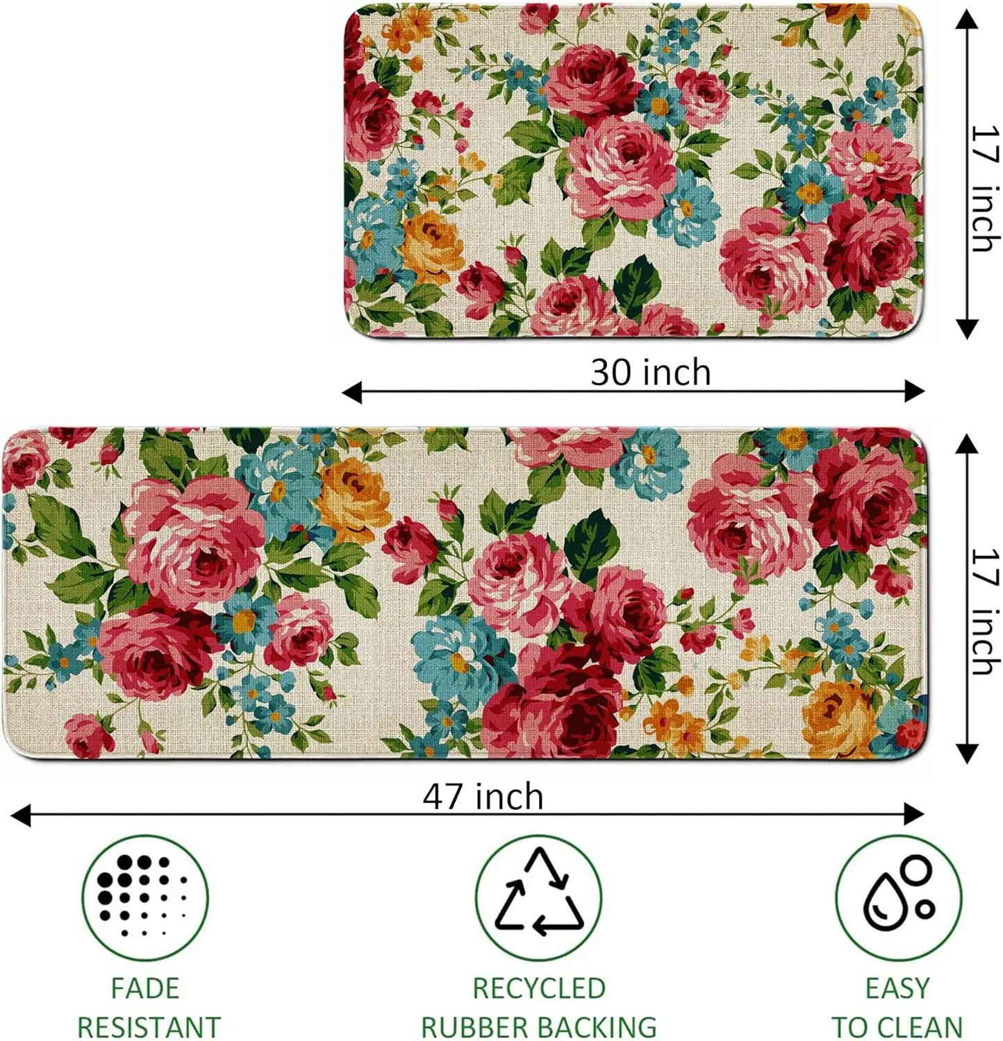 Kitchen Mats for Floor Set of 2 Pieces Kitchen Rugs and Mats Non Skid Washable Kitchen Floor Mat (Pink Red Roses Floral), 17''x47'' 17''x30''