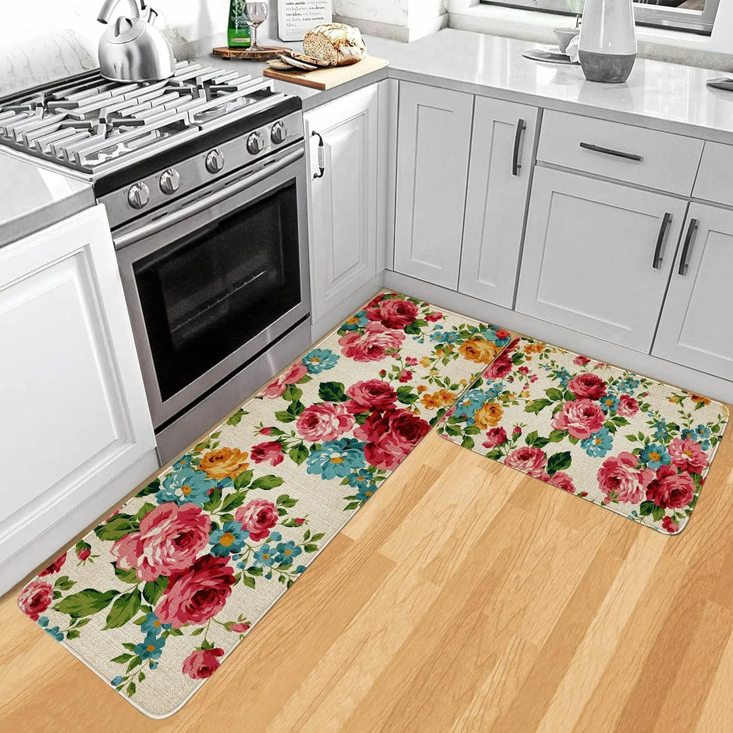 Kitchen Mats for Floor Set of 2 Pieces Kitchen Rugs and Mats Non Skid Washable Kitchen Floor Mat (Pink Red Roses Floral), 17''x47'' 17''x30''