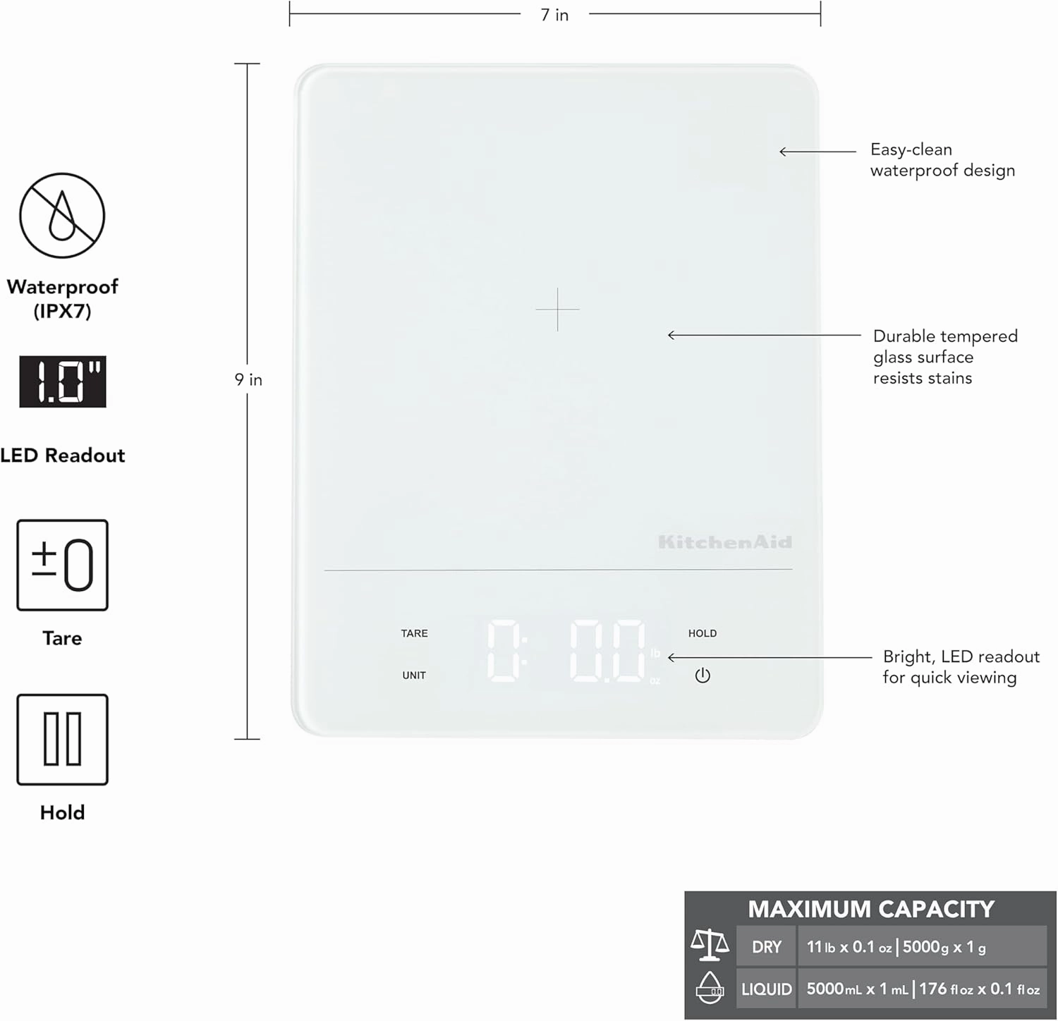 KitchenAid KQ913 Digital Waterproof (IPx7) Kitchen and Food Scale, LED readout, 11 Pound Max Capacity, White