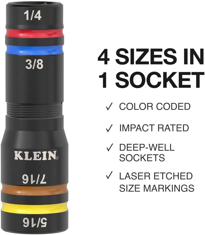 Klein Tools 651QS Quad Socket, 4 Sizes in 1 Socket, 4-in-1 Color Coded SAE Impact Rated, Heavy Duty, 1/4-Inch Drive, 3-1/2-Inch Shaft