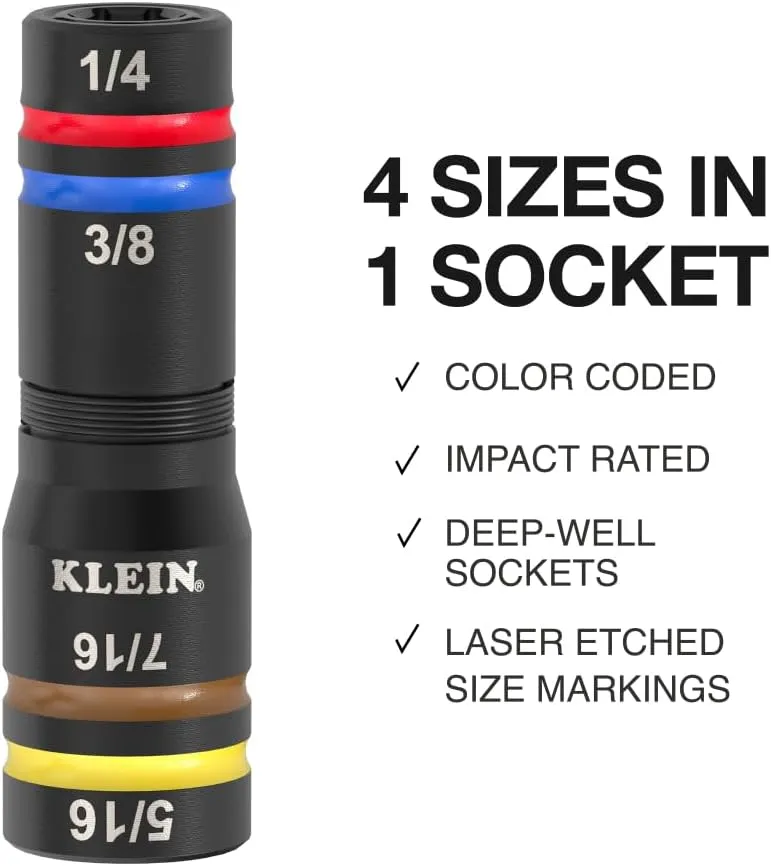 Klein Tools 653QS KNECT Quad Socket, 12 Sizes in 3 Sockets, 4-in-1 Color Coded SAE Impact Rated, Heavy-Duty, 1/4- and 3/8-Inch Drive, 3-1/2- and 6-1/2-Inch Shaft