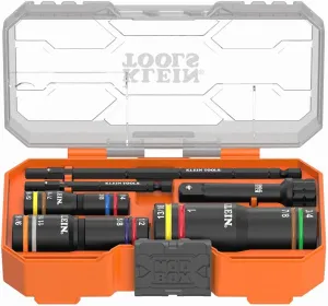 Klein Tools 653QS KNECT Quad Socket, 12 Sizes in 3 Sockets, 4-in-1 Color Coded SAE Impact Rated, Heavy-Duty, 1/4- and 3/8-Inch Drive, 3-1/2- and 6-1/2-Inch Shaft