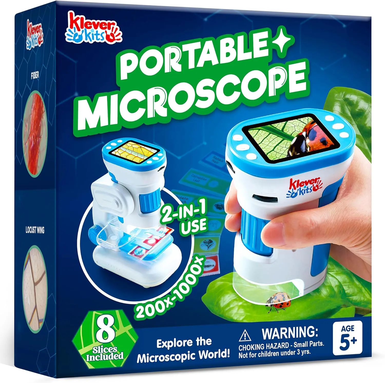 Klever Kits 2 in 1 Handheld Microscope for Kids, 1000X HD Digital Kids Microscope with 2.0'' LED Screen, Portable Pocket Handheld with Slides, 32G Card, Edu Gifts Toys for Ages 5-12