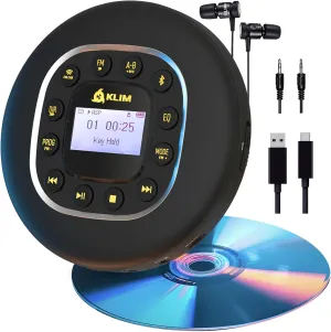 KLIM Journey - Portable CD Player Walkman with Long-Lasting Battery - New - with Headphones - Radio FM - Compatible MP3 CD Player Portable - SD Card, FM Transmitter, Bluetooth - Ideal for Cars