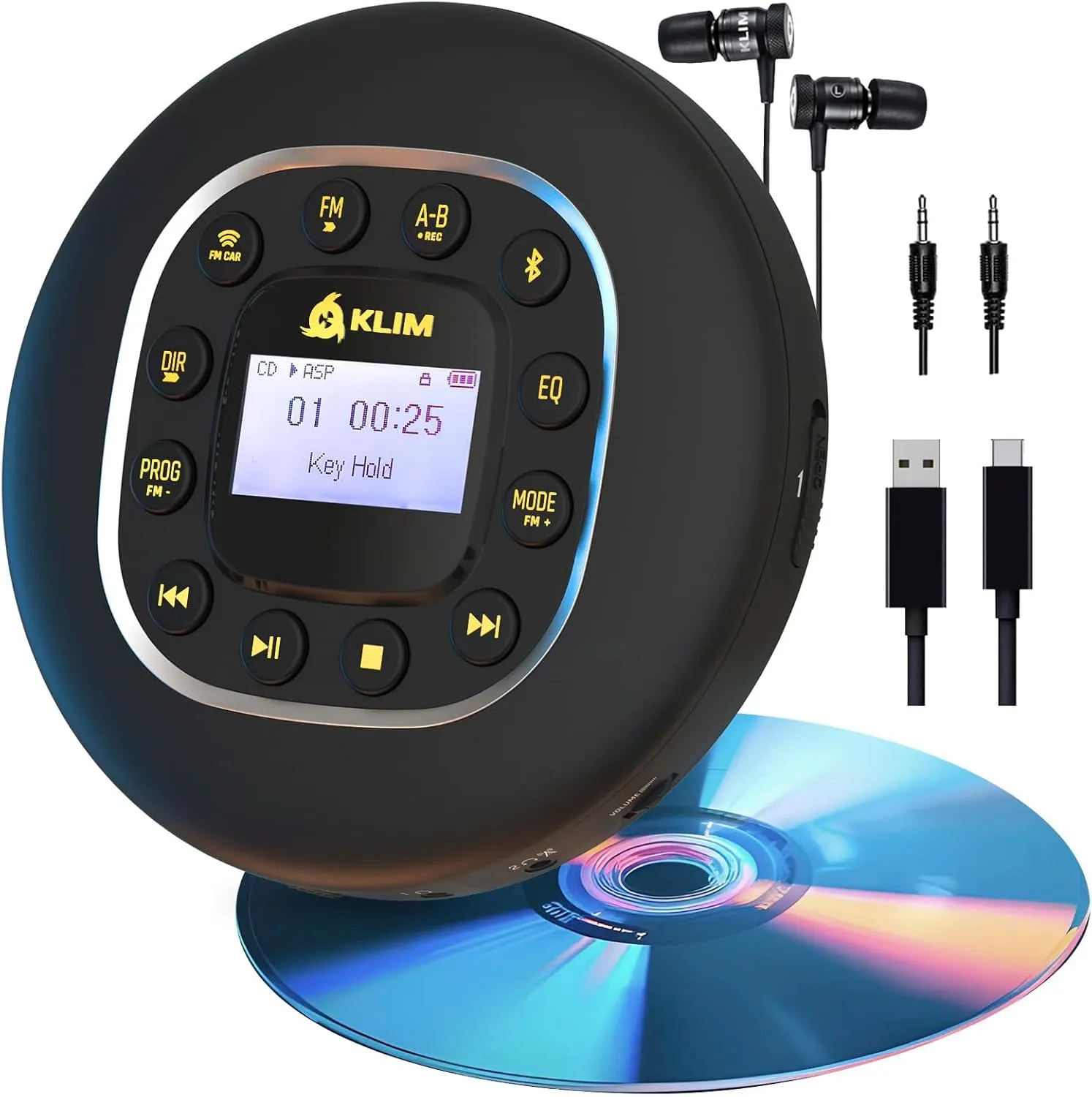 KLIM Journey - Portable CD Player Walkman with Long-Lasting Battery - New - with Headphones - Radio FM - Compatible MP3 CD Player Portable - SD Card, FM Transmitter, Bluetooth - Ideal for Cars