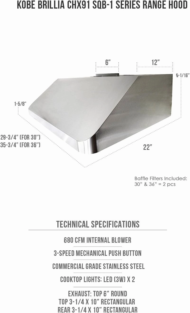 KOBE CHX9130SQB-1 CHX91 Series Under Cabinet Range Hood, 30-Inch, Stainless Steel