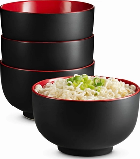 KooK Ramen Bowl, Japanese Bowls, Noodle Bowls, Large Soup Bowl, Ceramic, Large Capacity, For Ramen, Pho, Udon, Soba, Microwave and Dishwasher Safe, 34 oz, Set of 4 (Black/Red)