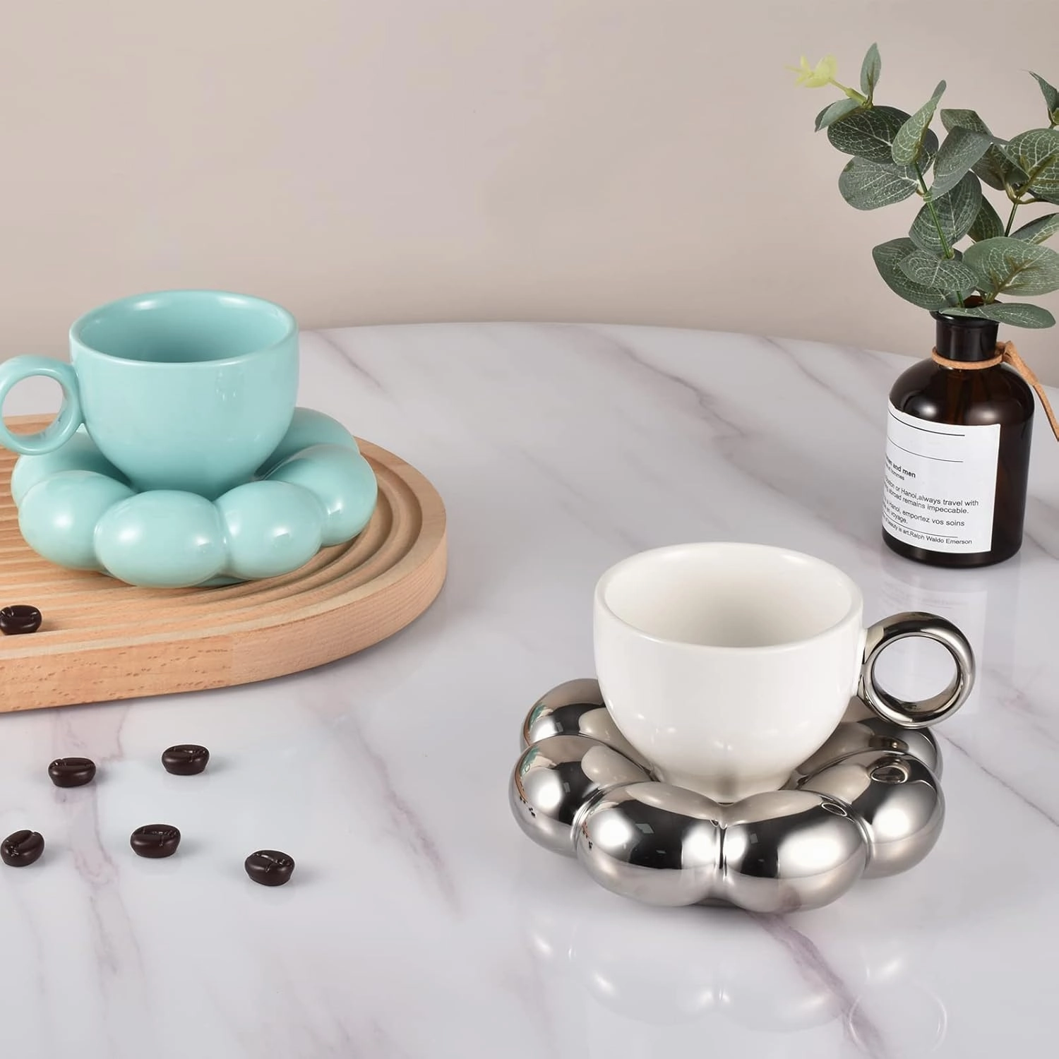 Koythin Ceramic Coffee Mug with Saucer Set, Creative Cute Cup with Sunflower Coaster for Office and Home, 6.5 oz/200 ml for Tea Latte Milk (Electroplating White and Silver)