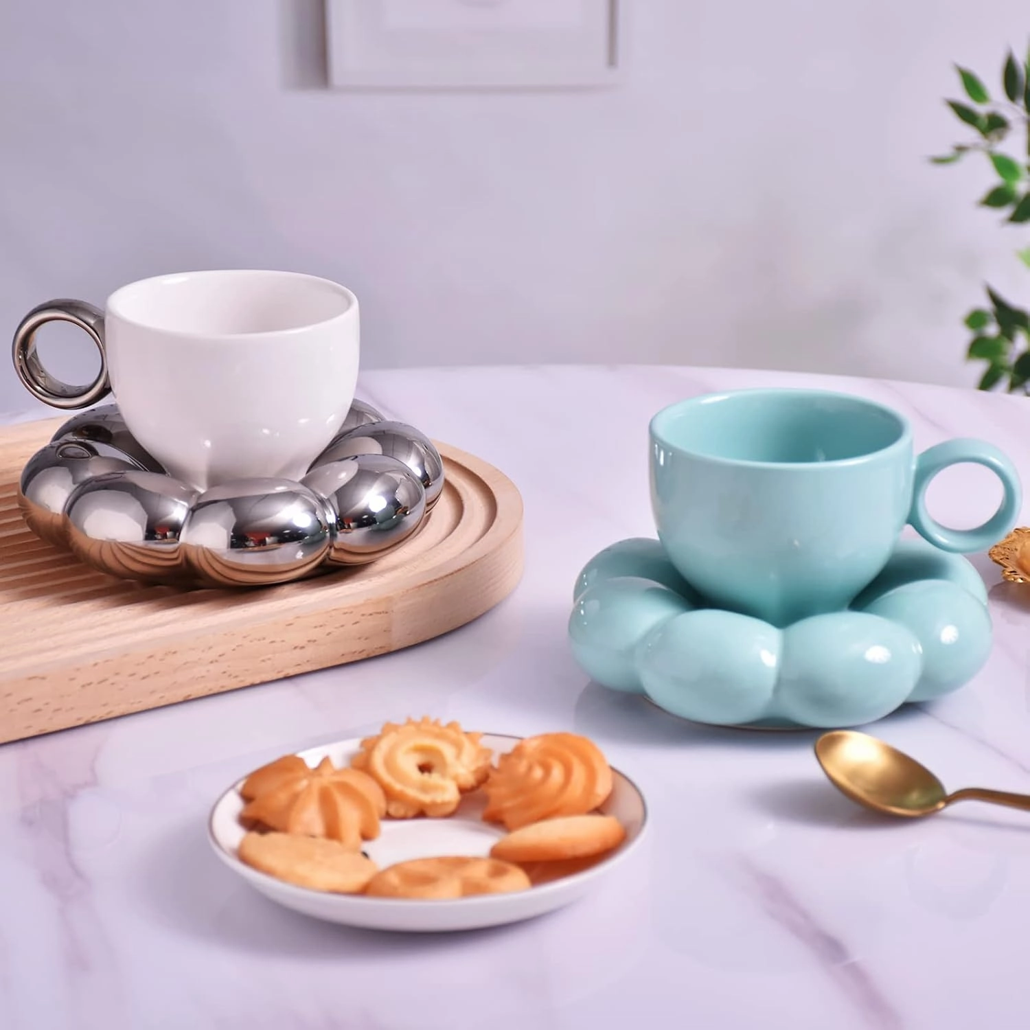 Koythin Ceramic Coffee Mug with Saucer Set, Creative Cute Cup with Sunflower Coaster for Office and Home, 6.5 oz/200 ml for Tea Latte Milk (Electroplating White and Silver)