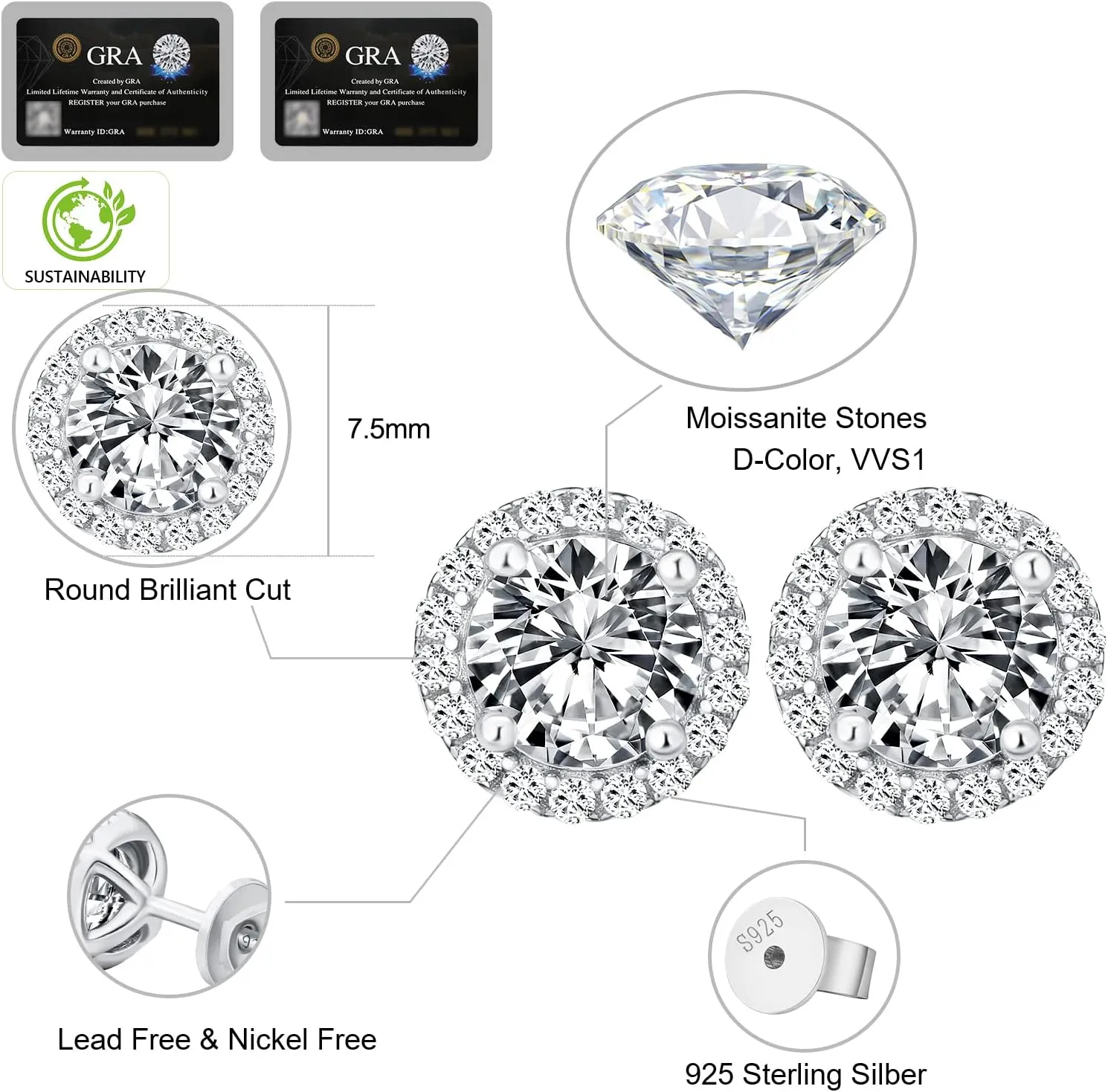 KRKC Moissanite Stud Earrings for Women, 0.5ct-2ct Lab Created Diamond Earring with 14K White Gold Plated S925 Sterling Silver Gift for Girlfriend, Wife