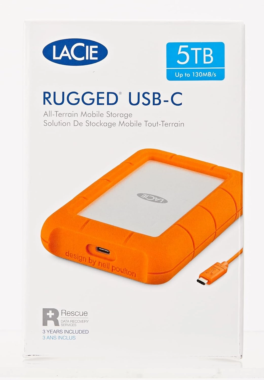 LaCie Rugged USB-C, 5TB, Portable External Hard Drive, Drop, Shock, Dust, Rain Resistant, for Mac & PC (STFR5000800)
