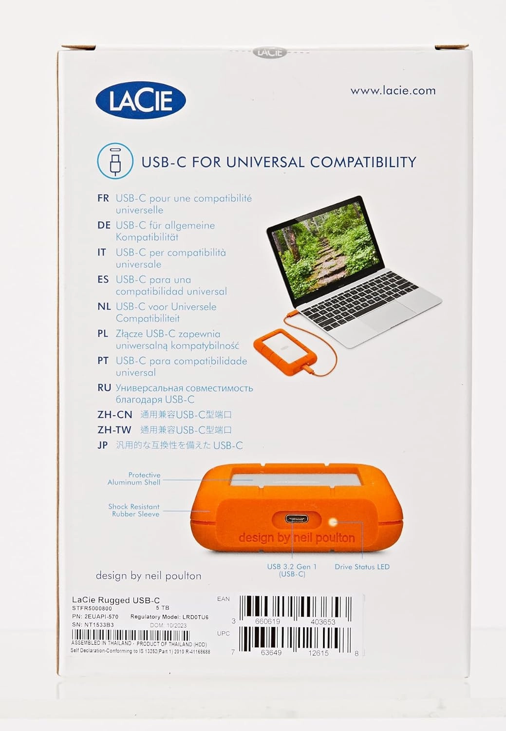LaCie Rugged USB-C, 5TB, Portable External Hard Drive, Drop, Shock, Dust, Rain Resistant, for Mac & PC (STFR5000800)