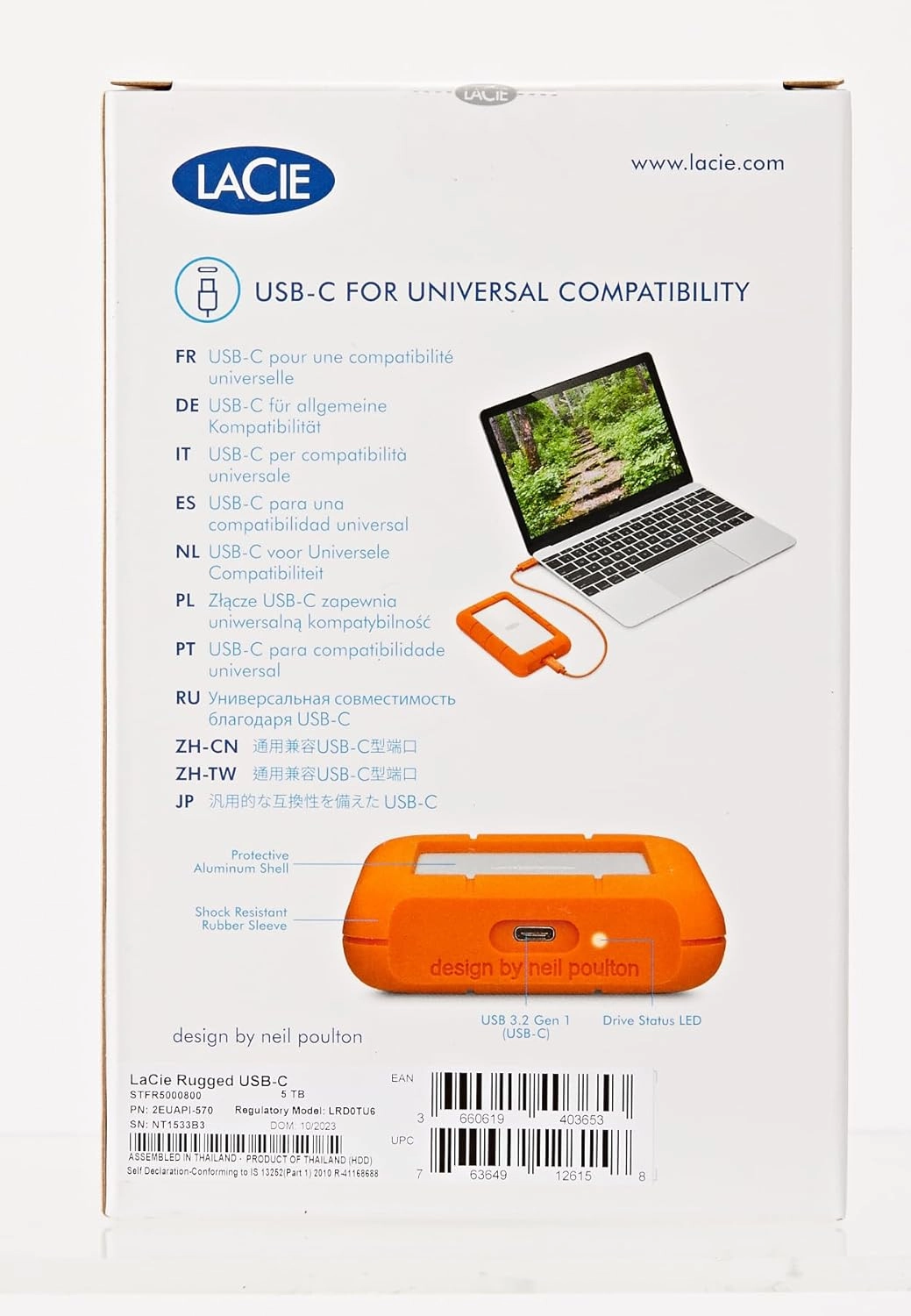 LaCie Rugged USB-C, 5TB, Portable External Hard Drive, Drop, Shock, Dust, Rain Resistant, for Mac & PC (STFR5000800)