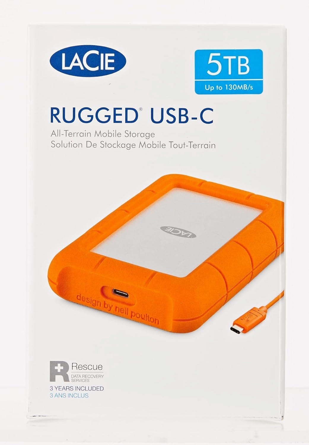 LaCie Rugged USB-C, 5TB, Portable External Hard Drive, Drop, Shock, Dust, Rain Resistant, for Mac & PC (STFR5000800)