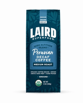 Laird Superfood Peruvian Medium Roast Decaffeinated Ground Coffee, Chemical-Free Decaf Swiss Water Processed Ground Coffee, Gluten-Free, Dairy-Free, Non-GMO, Paleo, Keto Friendly, 12 oz. Bag
