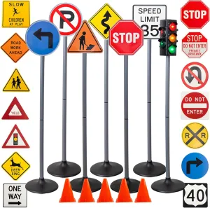 Large Traffic Signs Playset (32pc Set), 42in Tall Street Sign and Traffic Light Set for Play with Ride-On Cars and Vehicles