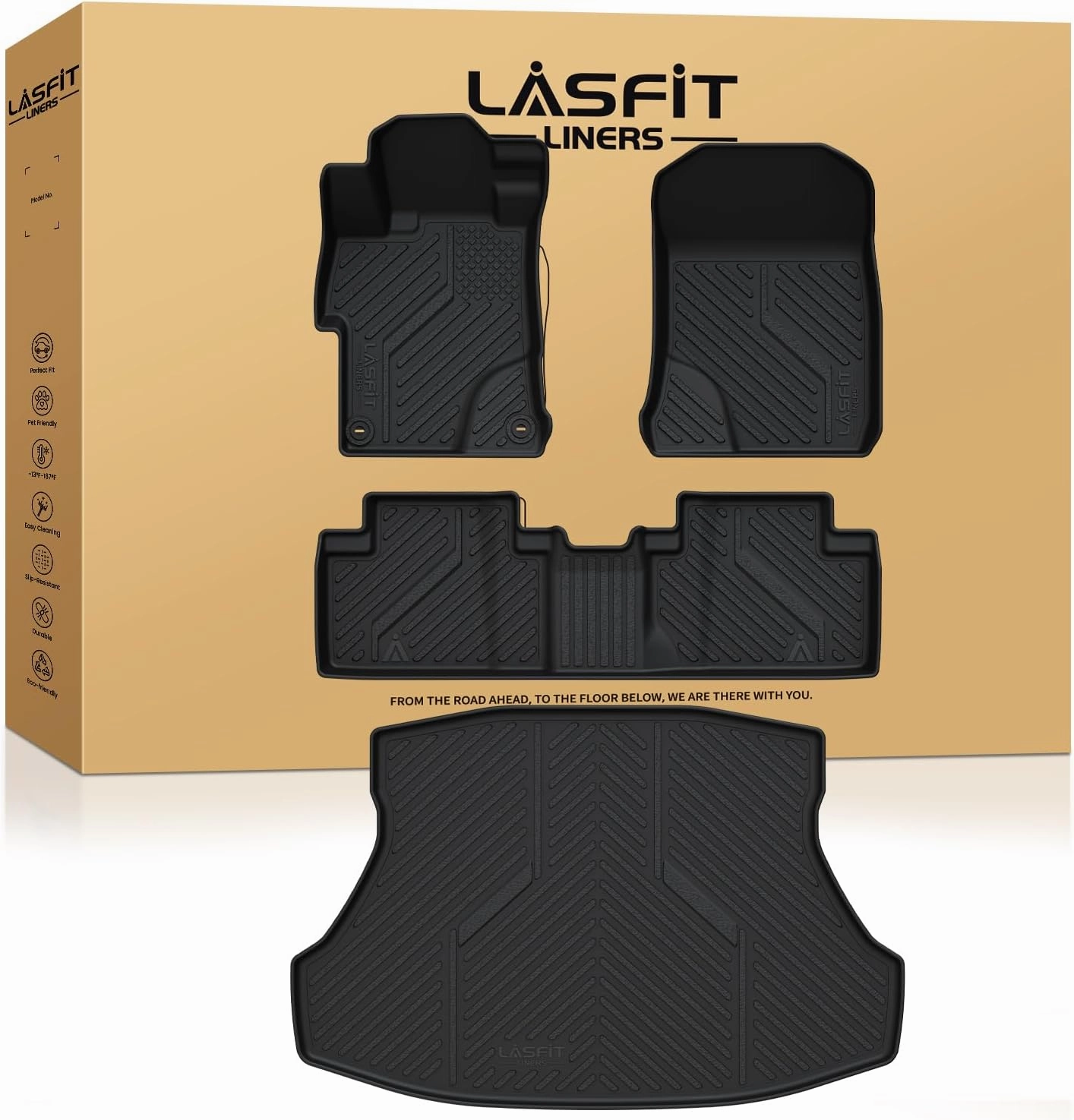 LASFIT Floor Mats & Cargo Mats Fits for Hyundai Kona 2023 2022 2021 2020 2019 2018/ Hyundai Kona N 2023 2022, All Weather TPE Custom Fit Floor Liners for 1st and 2nd Rows Car Mats & Trunk Mats, Black