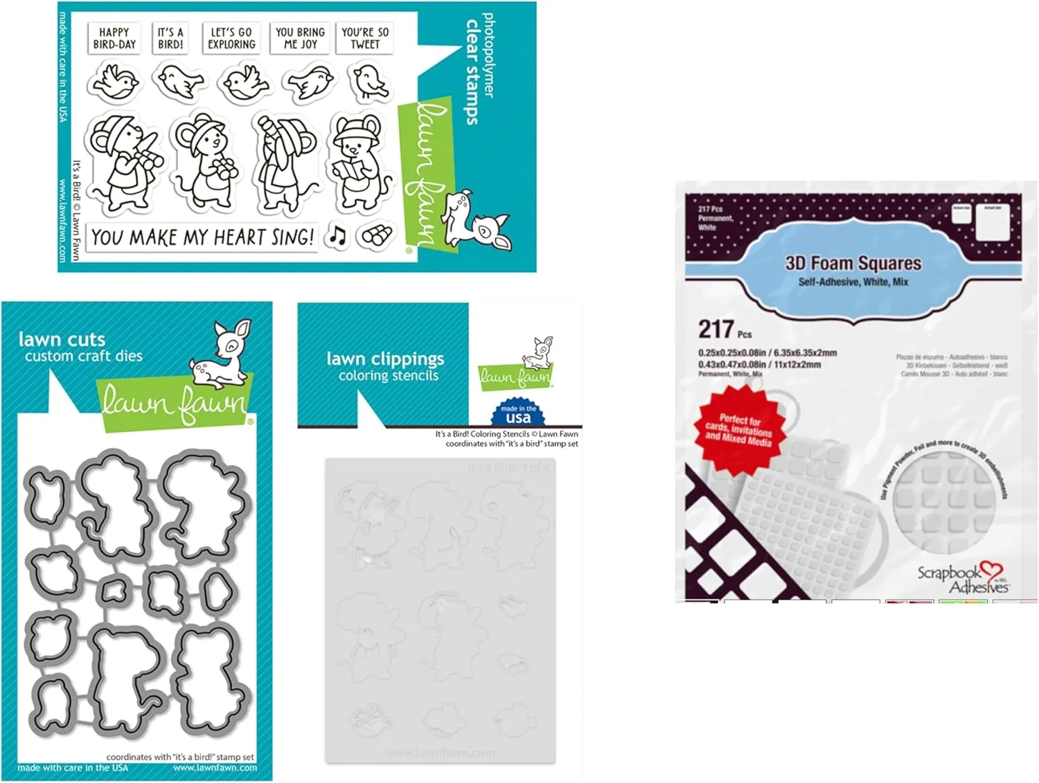 Lawn Fawn It's a Bird 3"x4" Clear Stamp Set, Coordinating Dies, Stencil, Scrapbook Adhesives Foam Squares