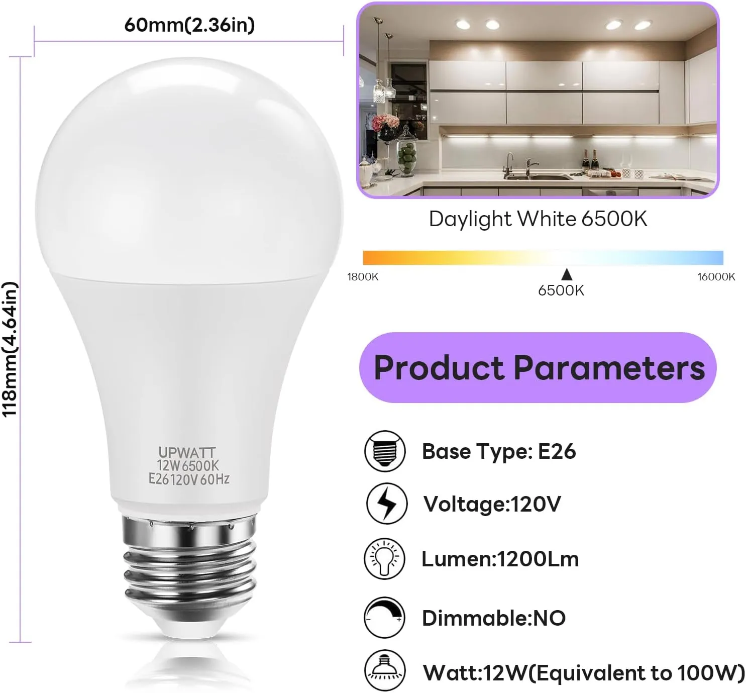 LED Light Bulbs, A19 Daylight 6500K Light Bulb, 12W (100 Watt Equivalent) 1200 Lumens, Non-Dimmable, E26 Standard Medium Base Super Bright Lamp for Bathroom Home Lighting 4 Packs