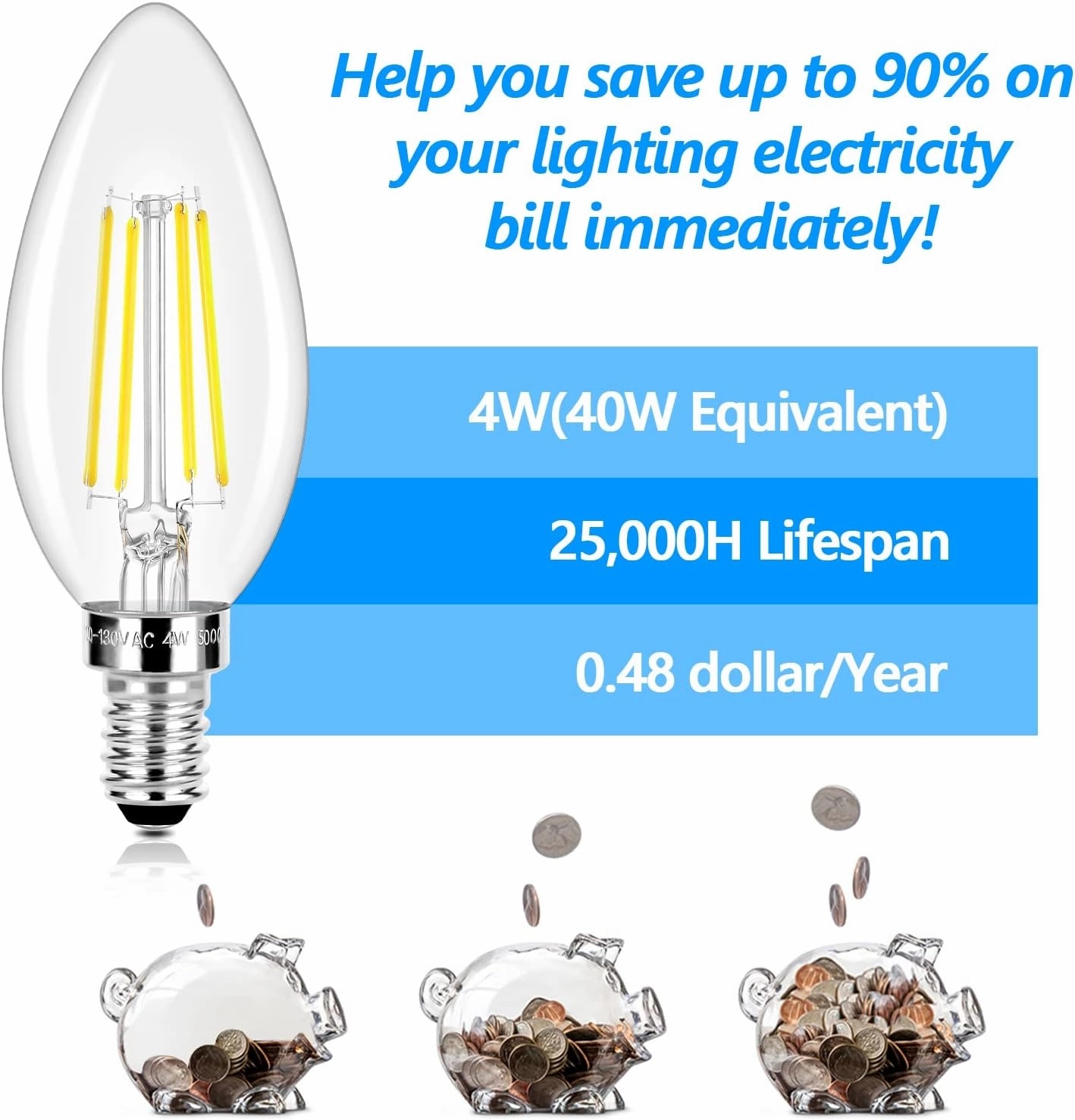 LED Candle Bulbs 40W Equivalent, E12 Candelabra Light 4W 470Lm Clear Edison, Daylight White 5000K B11 Classic Bright Filament, Non-Dimmable Decorative for Lamps, Pack of 10