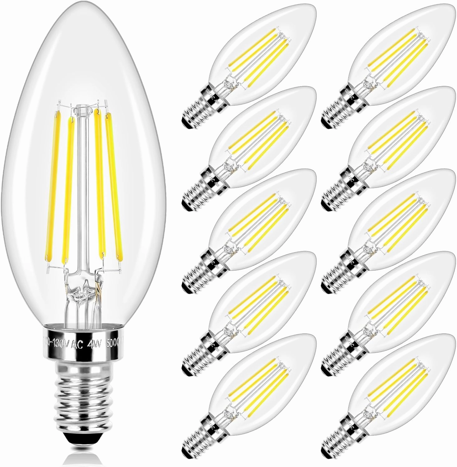 LED Candle Bulbs 40W Equivalent, E12 Candelabra Light 4W 470Lm Clear Edison, Daylight White 5000K B11 Classic Bright Filament, Non-Dimmable Decorative for Lamps, Pack of 10