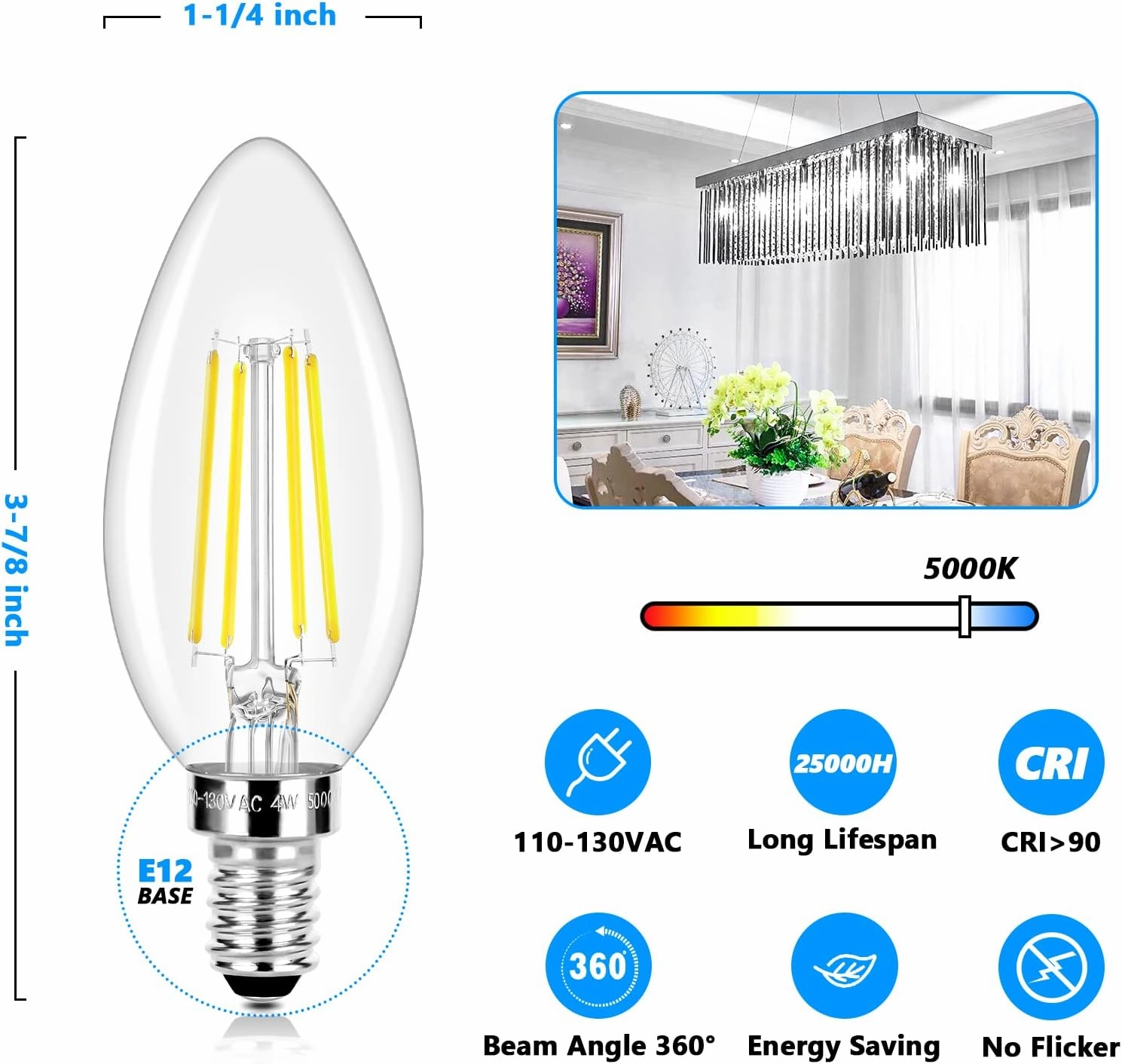 LED Candle Bulbs 40W Equivalent, E12 Candelabra Light 4W 470Lm Clear Edison, Daylight White 5000K B11 Classic Bright Filament, Non-Dimmable Decorative for Lamps, Pack of 10