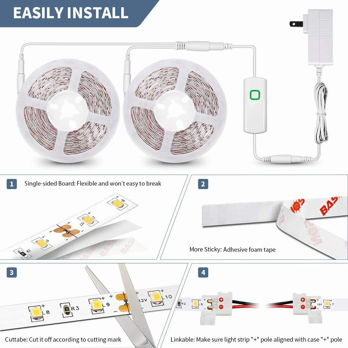 Led Strip Lights 32.8ft Warm White Dimmable Led Light Strip Flexible Rope Lights Kits with 12v Etl Power Supply, Adhesive Clips, Dimmer Switch and Connectors for Indoor Decor