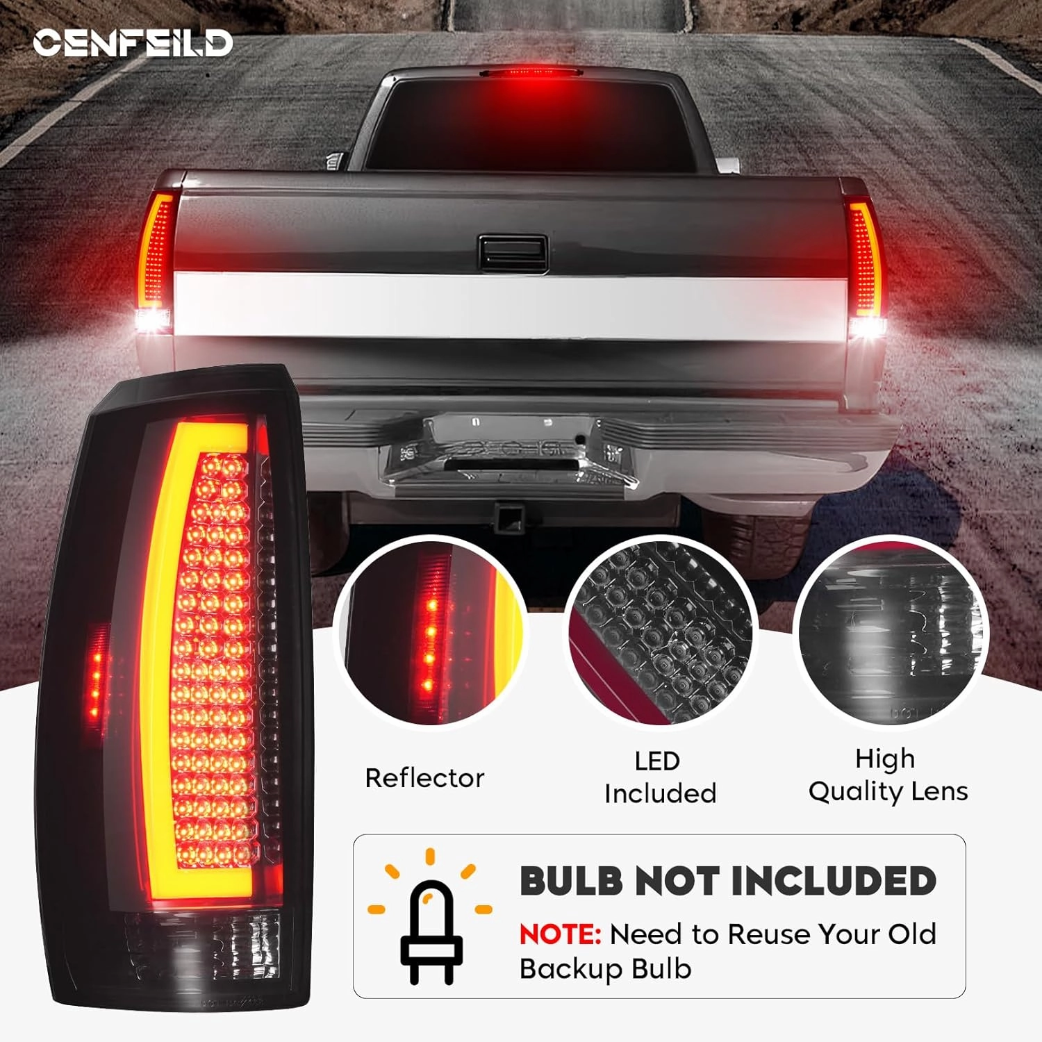 LED Tail Lights Assembly   3rd Third Brake Cargo Lamp Compatible with Chevy Avalanche 2007-2012, Rear Taillights & High Mount Stop Light Set, Smoked Lens, 3 Pcs