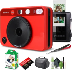 Leica Sofort 2 Hybrid Instant Photo Film and Digital Camera (Red) (19189) with LCD Display Bundle with Fujifilm Instant Film 20 Sheets   128 GB Memory Card   Bag   Cleaning Kit