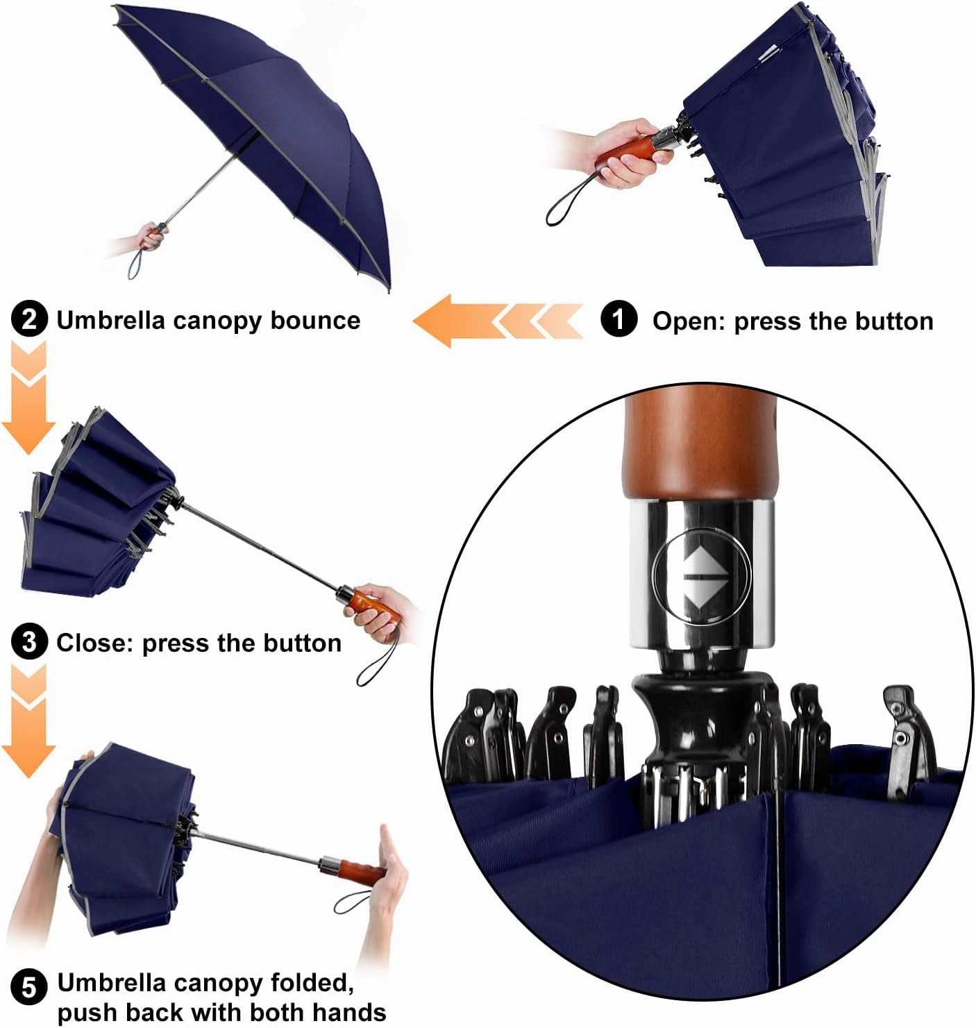 Lejorain Golf Large Inverted Umbrella - Black Big Windproof Heavy Duty Upside Down 54in Compact Car Automatic Folding Reflective Umbrella