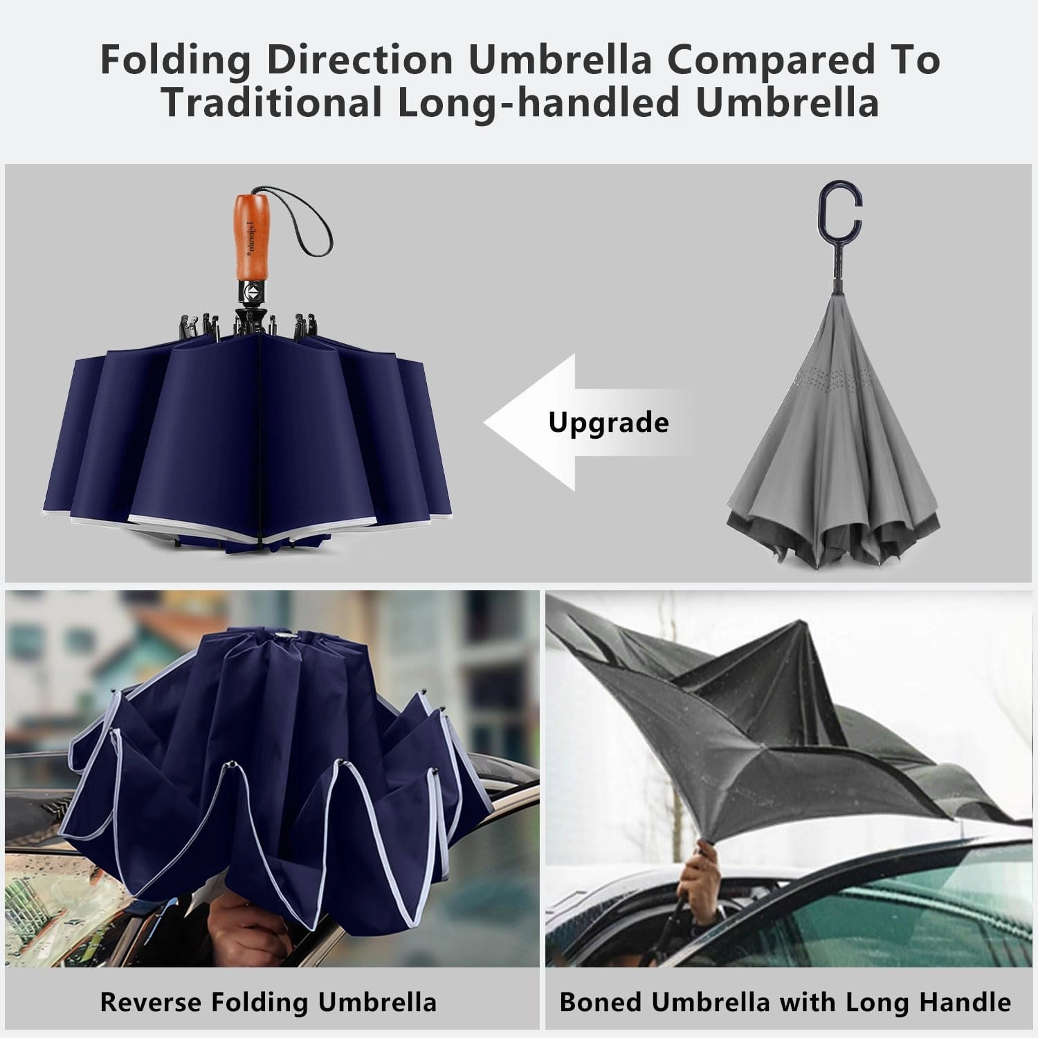 Lejorain Golf Large Inverted Umbrella - Black Big Windproof Heavy Duty Upside Down 54in Compact Car Automatic Folding Reflective Umbrella