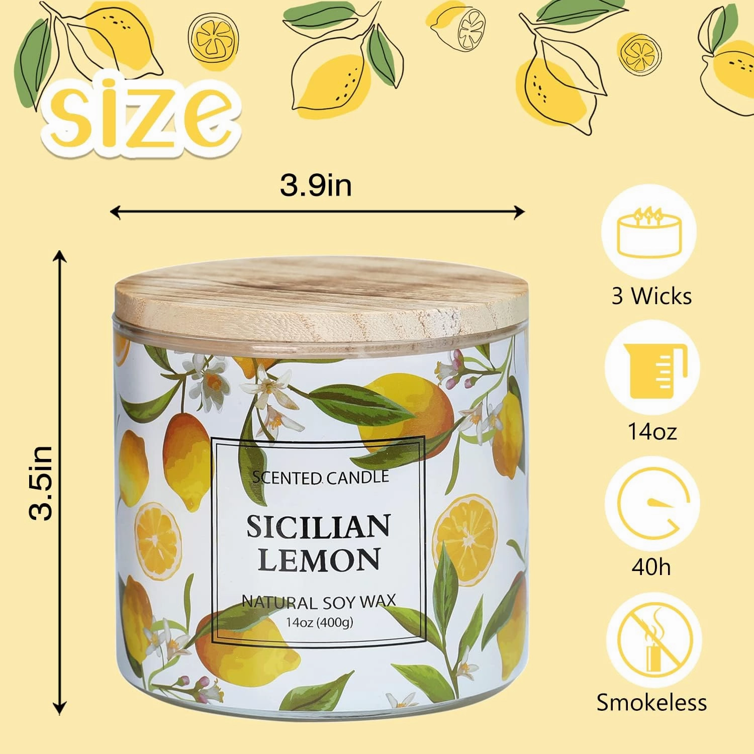 Lemon Candle, Sicilian Lemon Scented Candle, Large 3 Wicks Candle, 14 oz