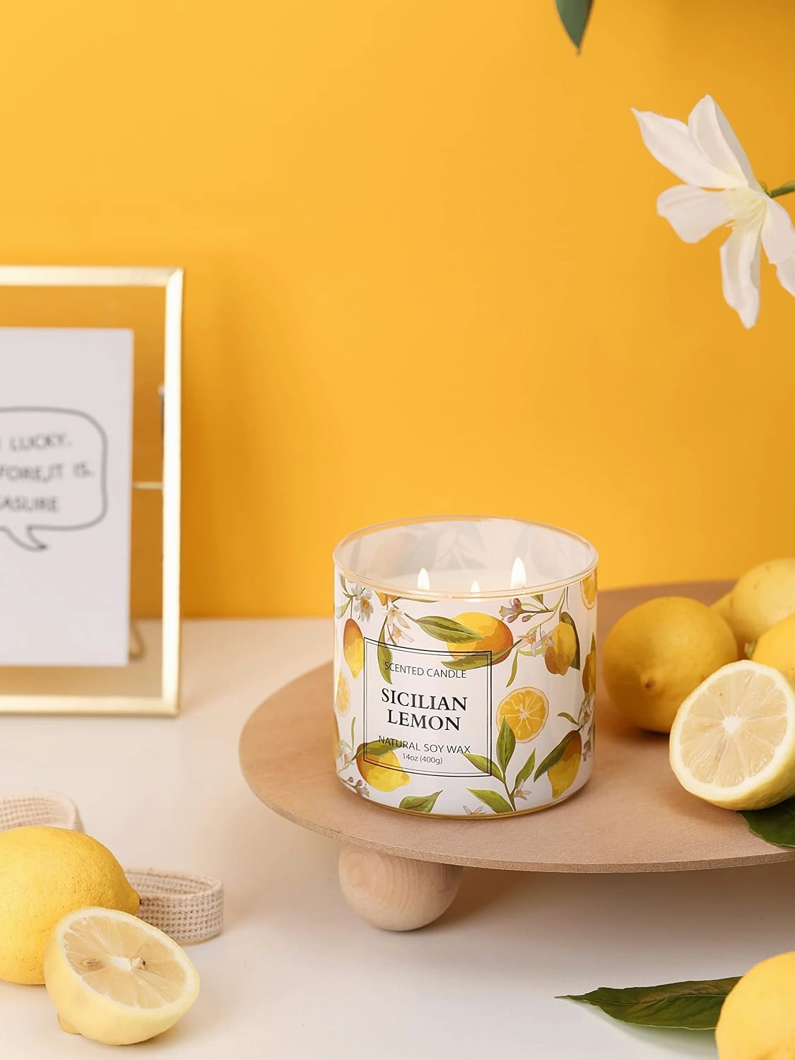 Lemon Candle, Sicilian Lemon Scented Candle, Large 3 Wicks Candle, 14 oz