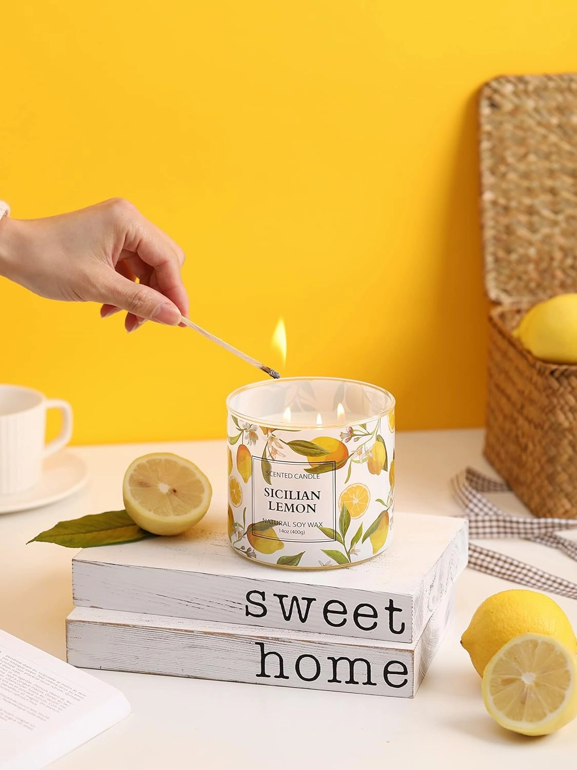 Lemon Candle, Sicilian Lemon Scented Candle, Large 3 Wicks Candle, 14 oz