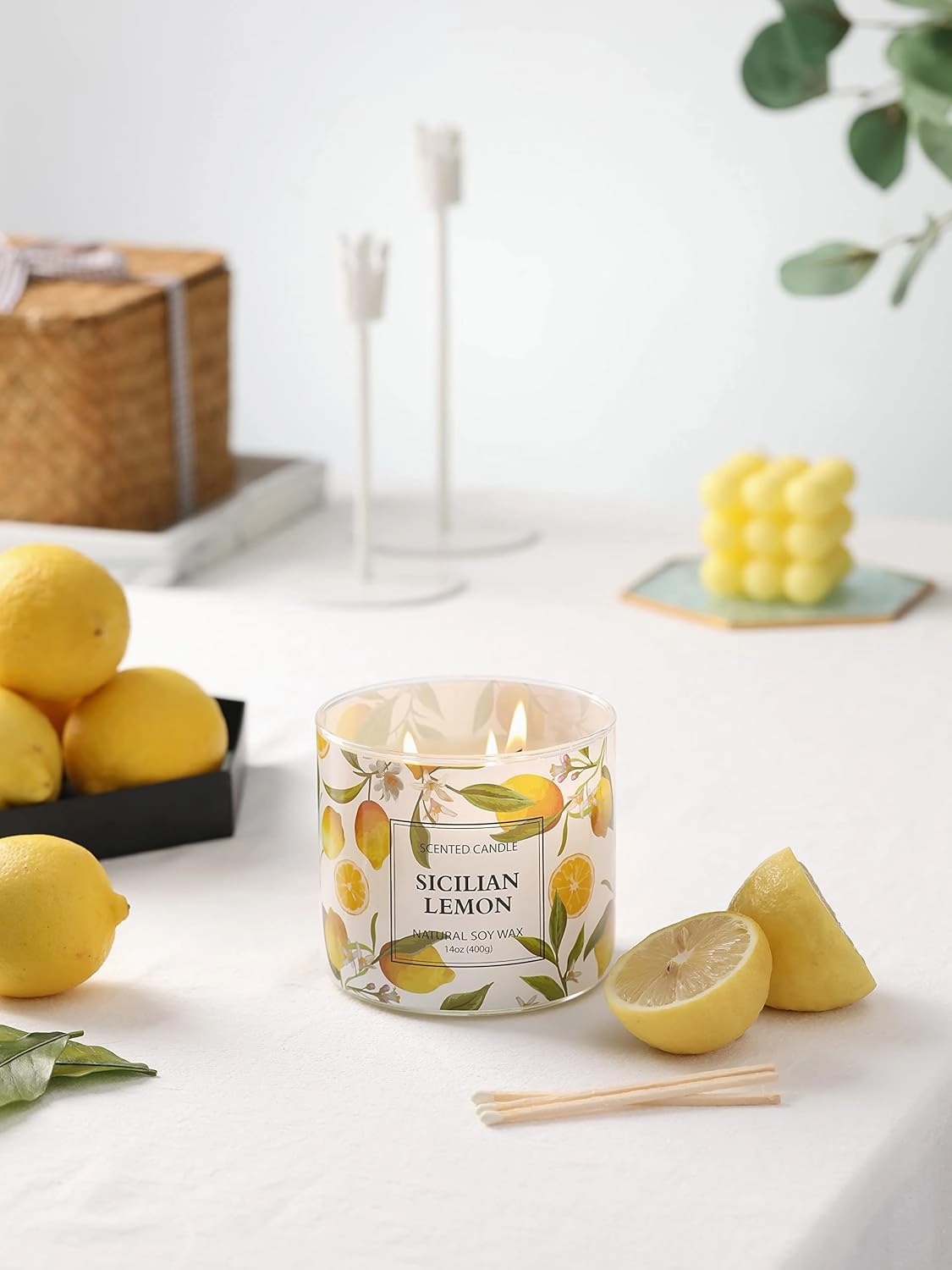 Lemon Candle, Sicilian Lemon Scented Candle, Large 3 Wicks Candle, 14 oz