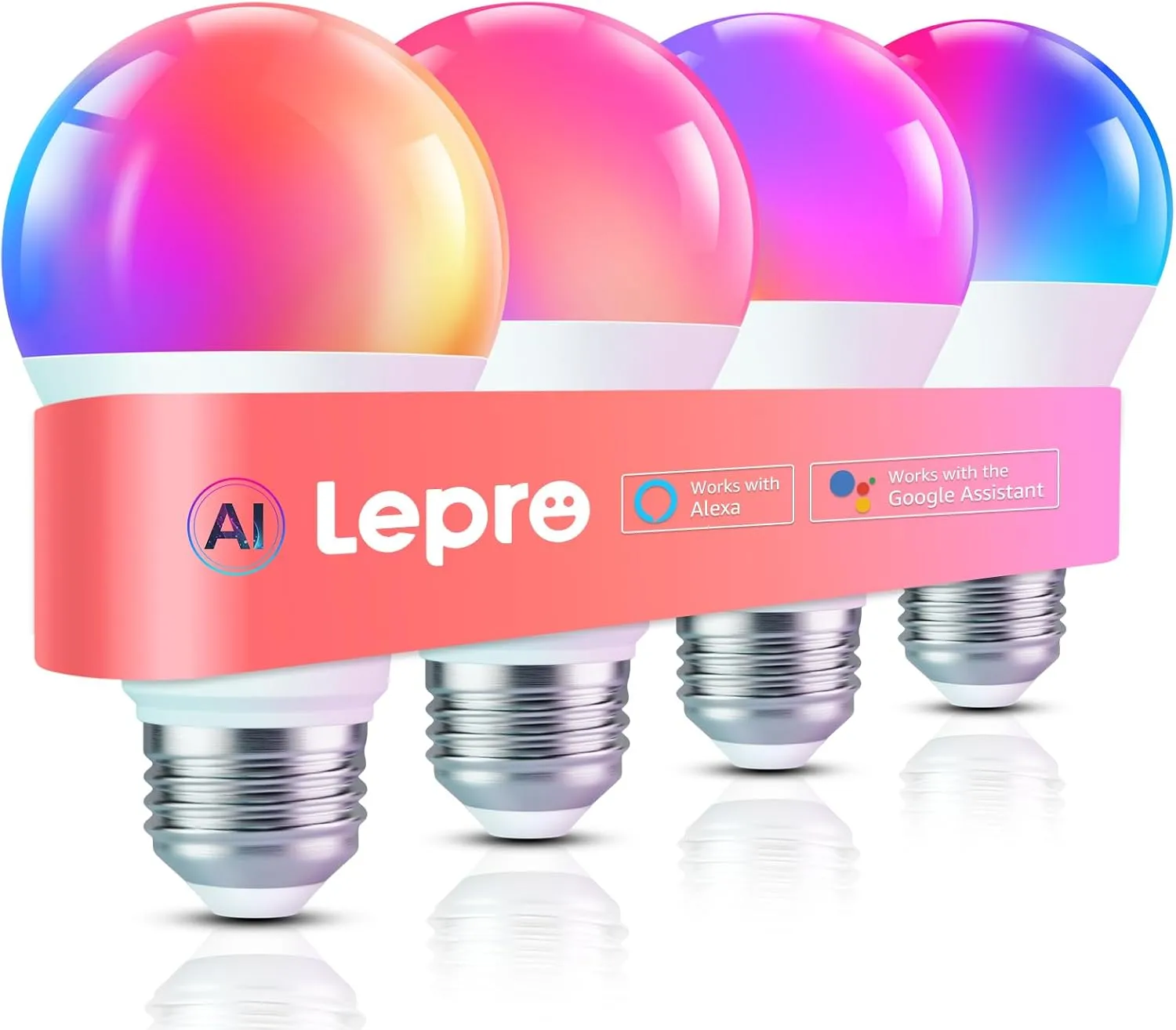 Lepro B1 AI Smart Light Bulbs - WiFi & Bluetooth RGBWW Color Changing LED Bulb Compatible with Alexa & Google Assistant, AI Generated Lighting LLM, AI Voice Control, Music Sync, 2.4GHz Only, 4 Packs