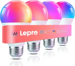 Lepro B1 AI Smart Light Bulbs - WiFi & Bluetooth RGBWW Color Changing LED Bulb Compatible with Alexa & Google Assistant, AI Generated Lighting LLM, AI Voice Control, Music Sync, 2.4GHz Only, 4 Packs