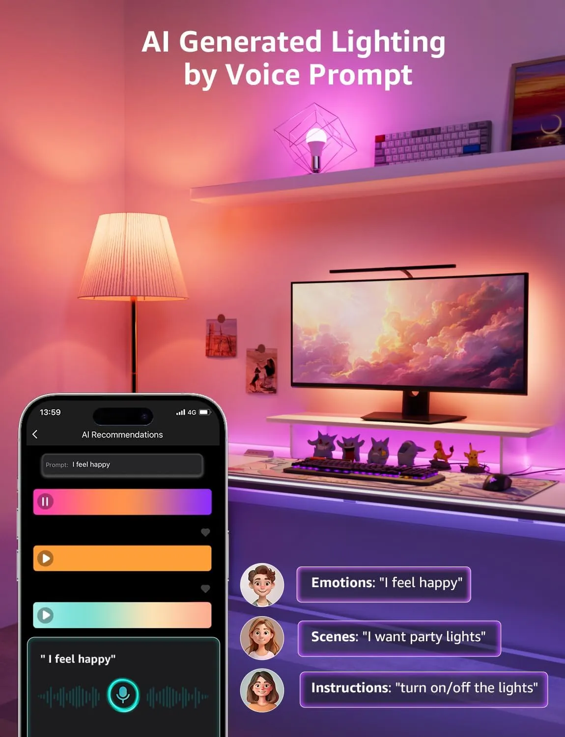 Lepro B1 AI Smart Light Bulbs - WiFi & Bluetooth RGBWW Color Changing LED Bulb Compatible with Alexa & Google Assistant, AI Generated Lighting LLM, AI Voice Control, Music Sync, 2.4GHz Only, 4 Packs