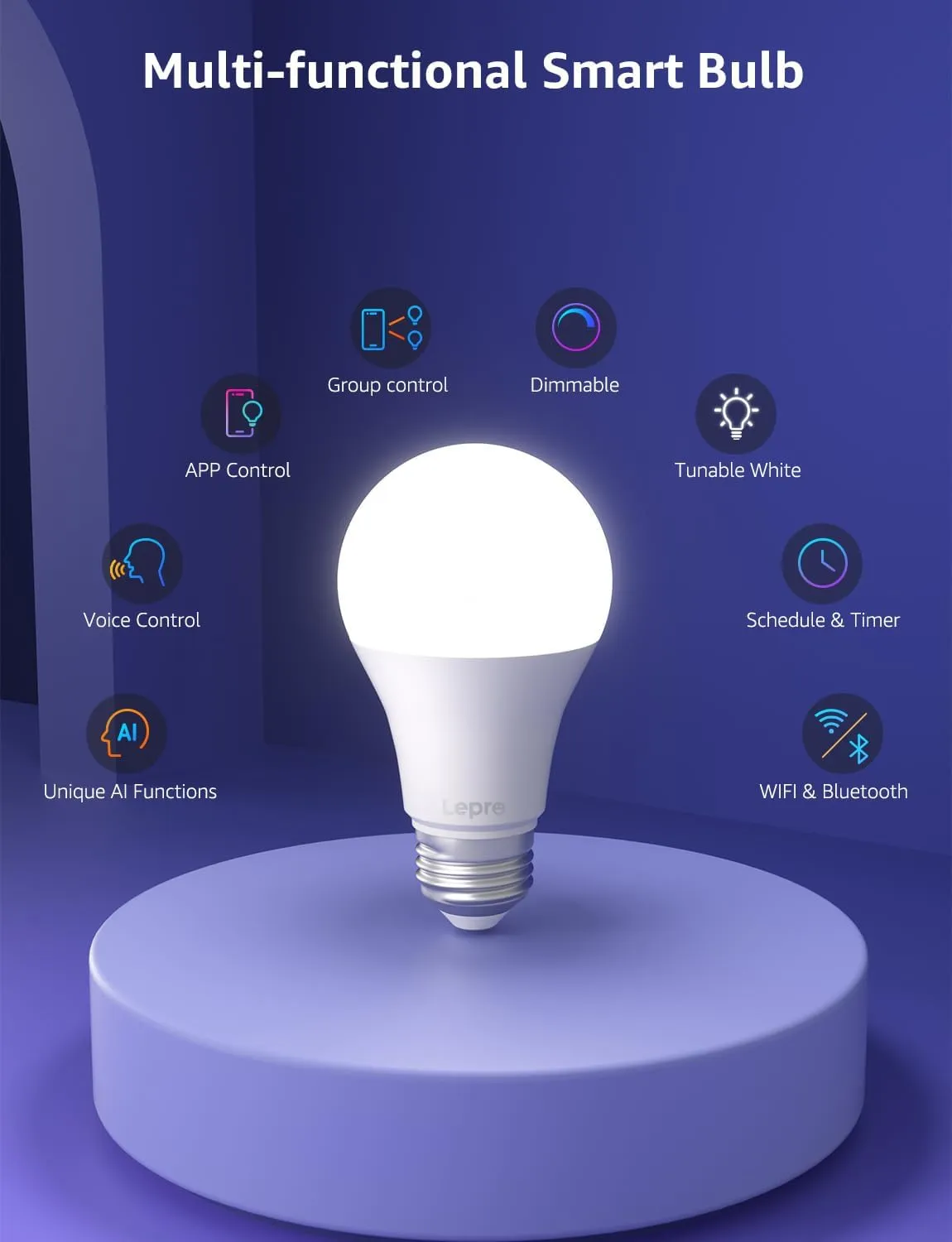 Lepro B1 AI Smart Light Bulbs - WiFi & Bluetooth RGBWW Color Changing LED Bulb Compatible with Alexa & Google Assistant, AI Generated Lighting LLM, AI Voice Control, Music Sync, 2.4GHz Only, 4 Packs