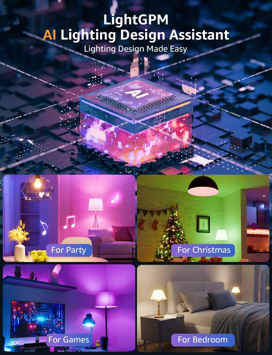 Lepro B1 AI Smart Light Bulbs - WiFi & Bluetooth RGBWW Color Changing LED Bulb Compatible with Alexa & Google Assistant, AI Generated Lighting LLM, AI Voice Control, Music Sync, 2.4GHz Only, 4 Packs