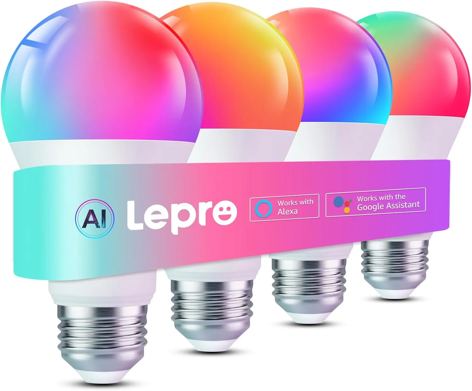 Lepro B2 AI Smart Light Bulbs - 1100LM WiFi & Bluetooth RGBWW Color Changing LED Bulb, Works with Alexa & Google Assistant, AI Generated Lighting, AI Voice Control, Music Sync, 2.4GHz Only, 4 Pack