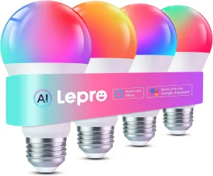 Lepro B2 AI Smart Light Bulbs - 1100LM WiFi & Bluetooth RGBWW Color Changing LED Bulb, Works with Alexa & Google Assistant, AI Generated Lighting, AI Voice Control, Music Sync, 2.4GHz Only, 4 Pack