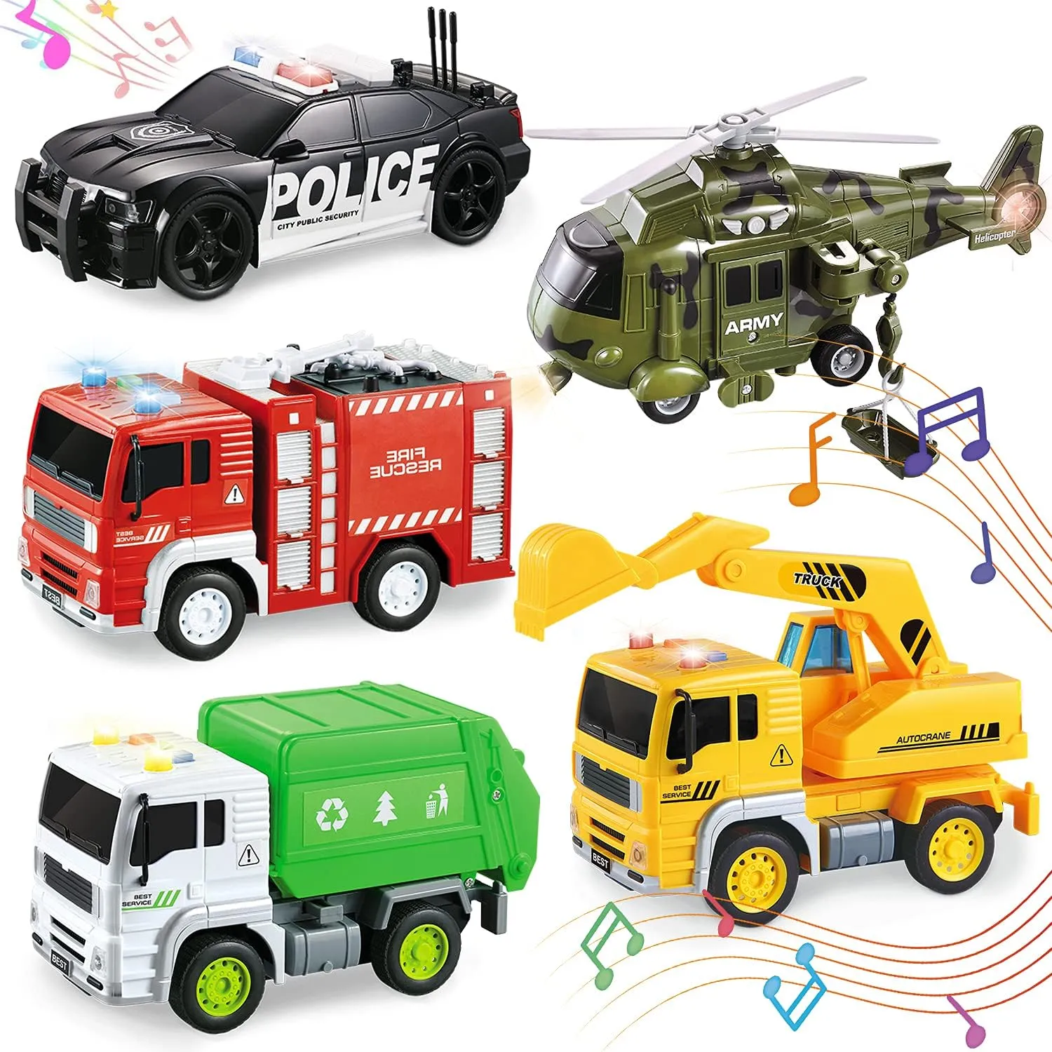 LESUTER TOYS 5 Pack Friction Powered Toy Set (8 Inch) - Including Garbage Truck, Construction Vehicle, Fire Truck, Police Car, Helicopter with 4D Stunning Light and Sound, Boys Toddler Toy