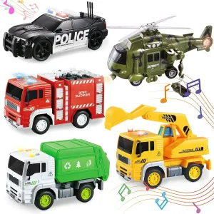 LESUTER TOYS 5 Pack Friction Powered Toy Set (8 Inch) - Including Garbage Truck, Construction Vehicle, Fire Truck, Police Car, Helicopter with 4D Stunning Light and Sound, Boys Toddler Toy