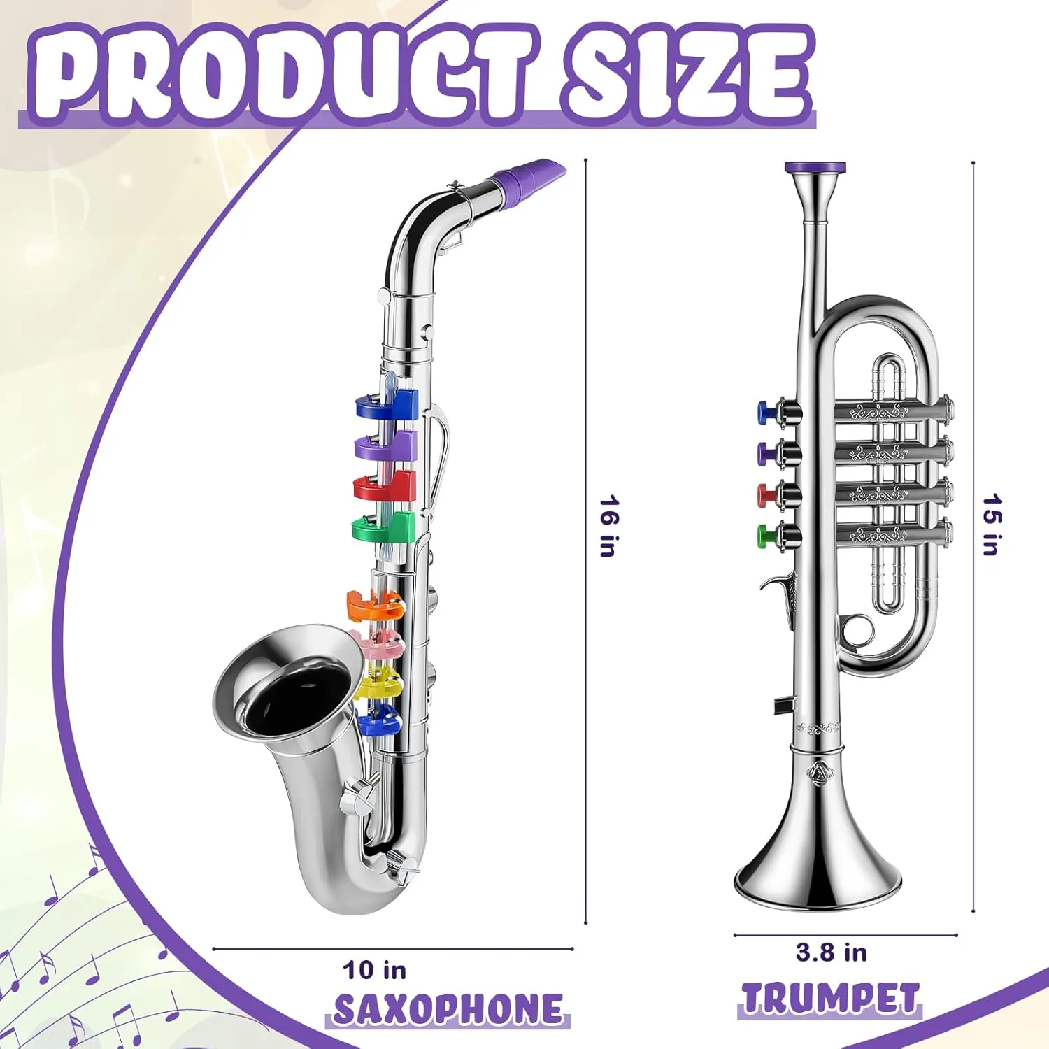 Lewtemi Set of 2 Musical Instruments Include Toy Trumpet and Saxophone Set Plastic Trumpet Educational Toy Home School Music Gift, Color Keys(Silver)